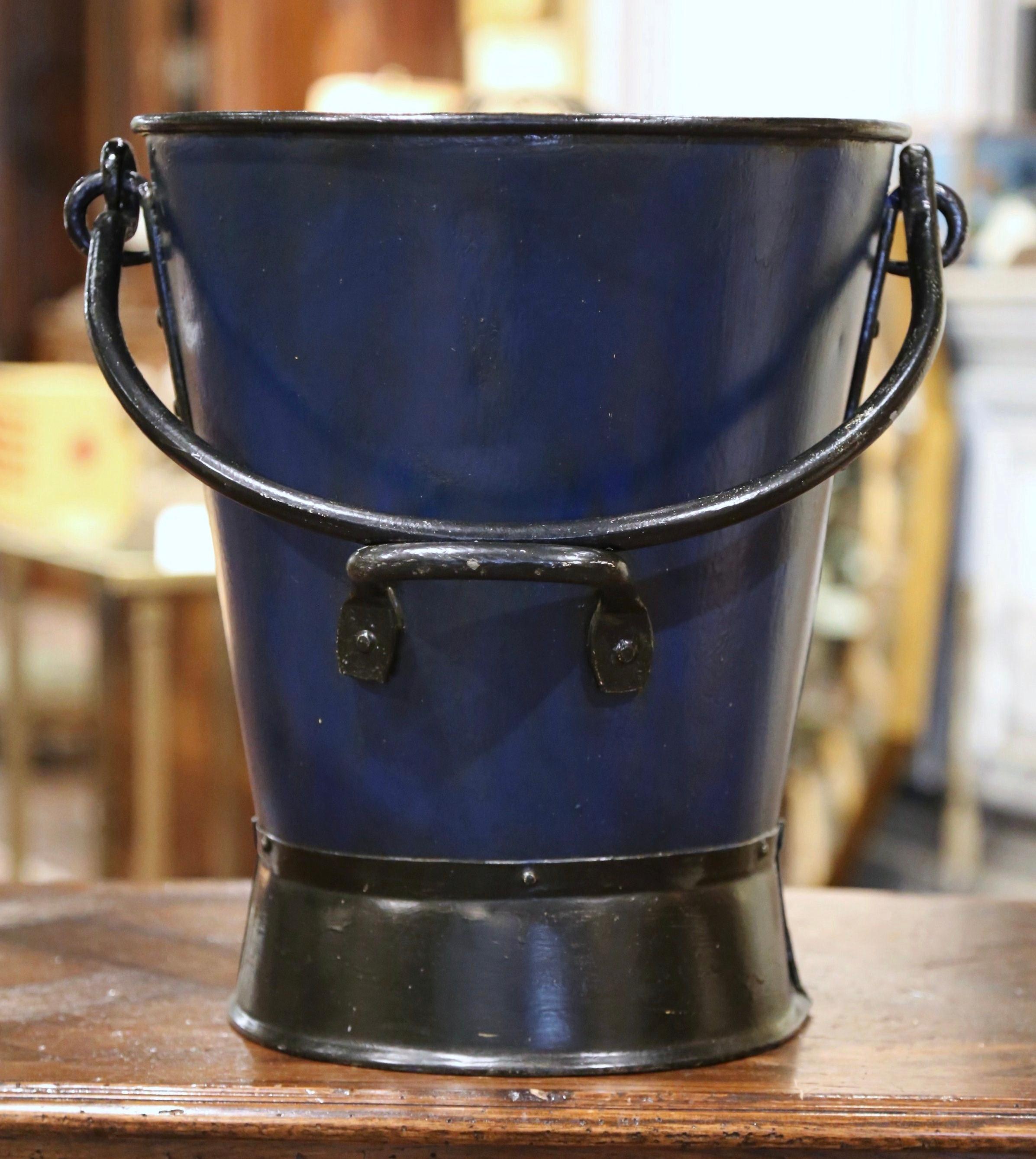 Patinated 19th Century French Hand Painted Iron Coal Bucket with Coat of Arms Decor