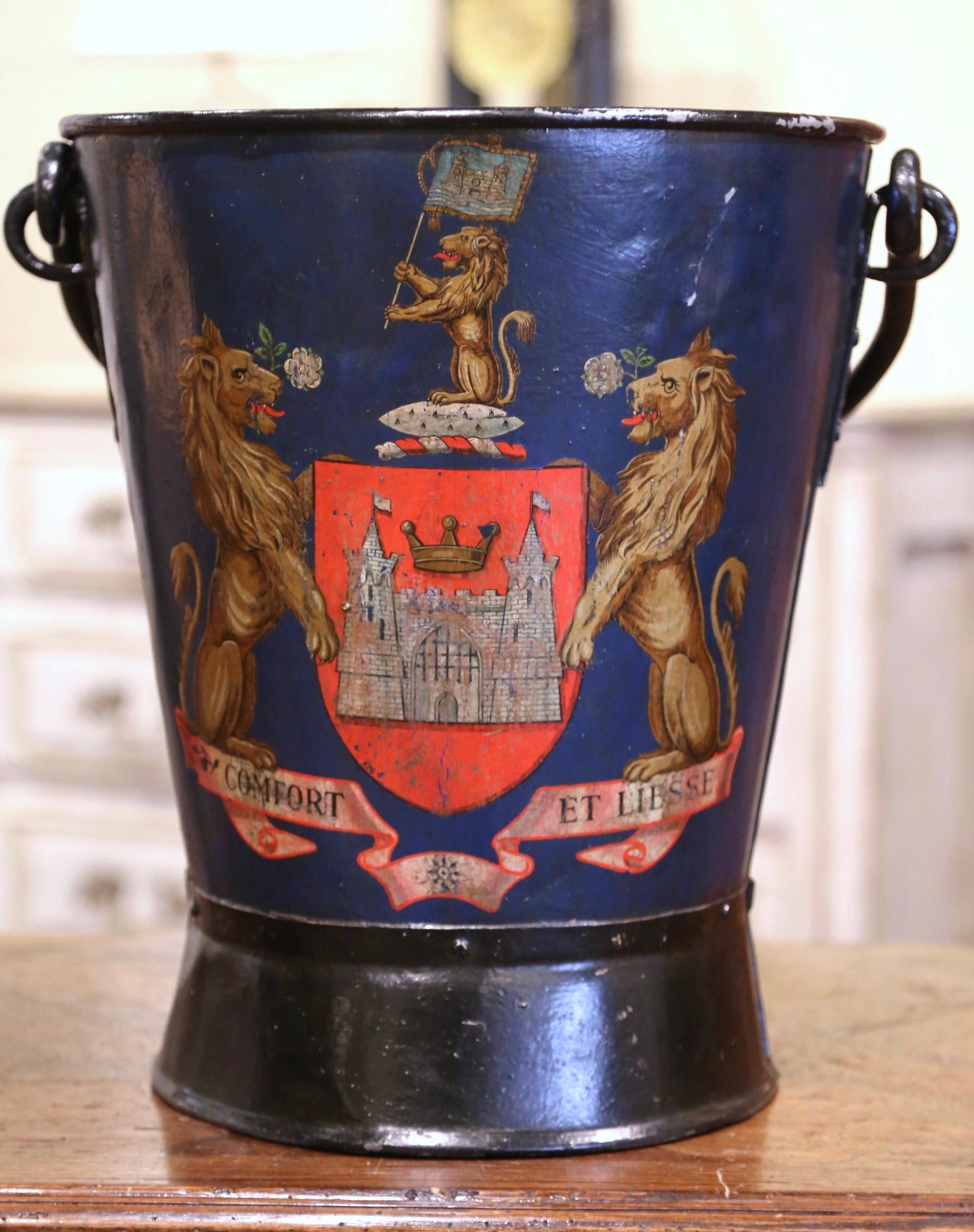 19th Century French Hand Painted Iron Coal Bucket with Coat of Arms Decor In Excellent Condition In Dallas, TX