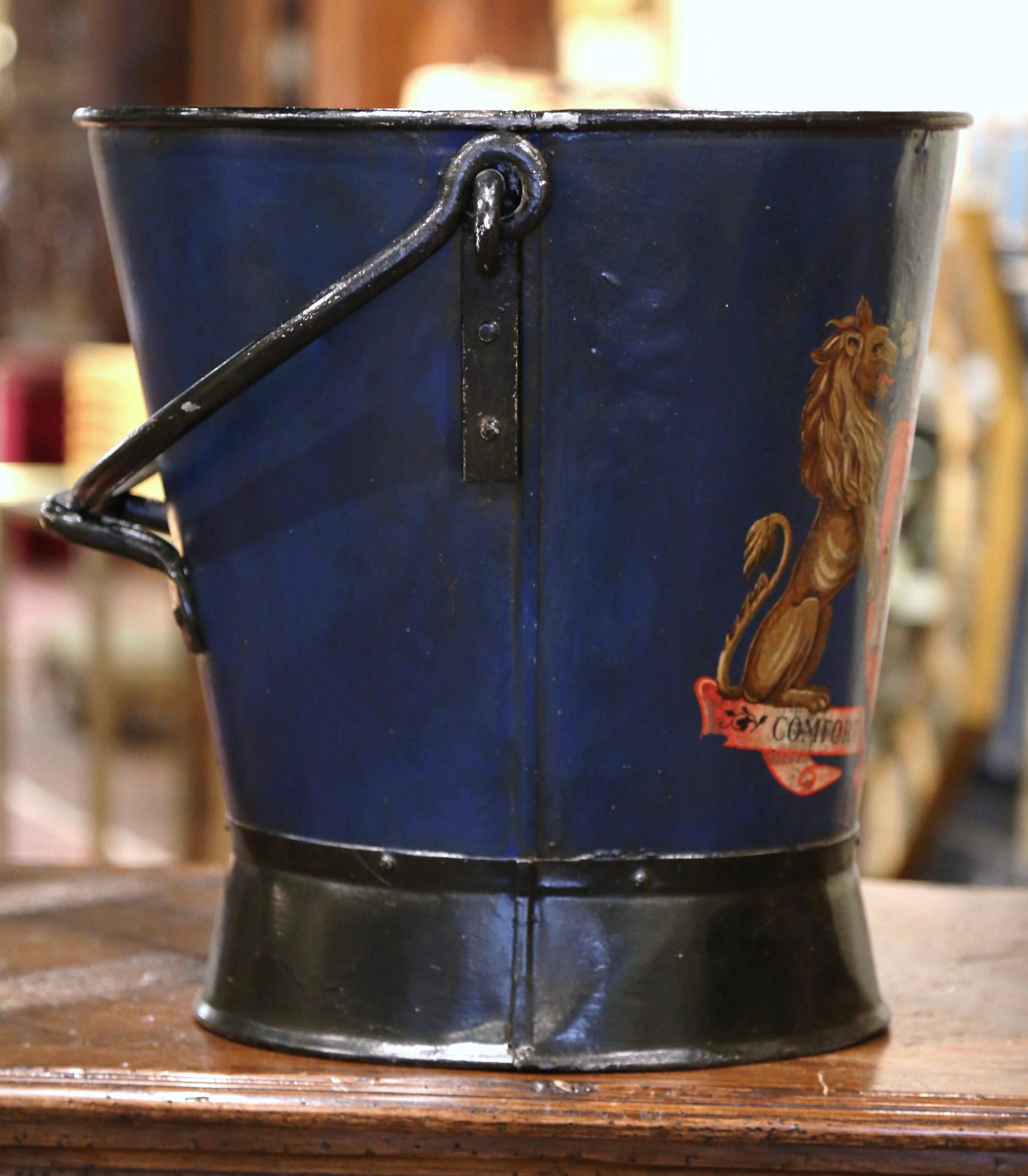 Metal 19th Century French Hand Painted Iron Coal Bucket with Coat of Arms Decor