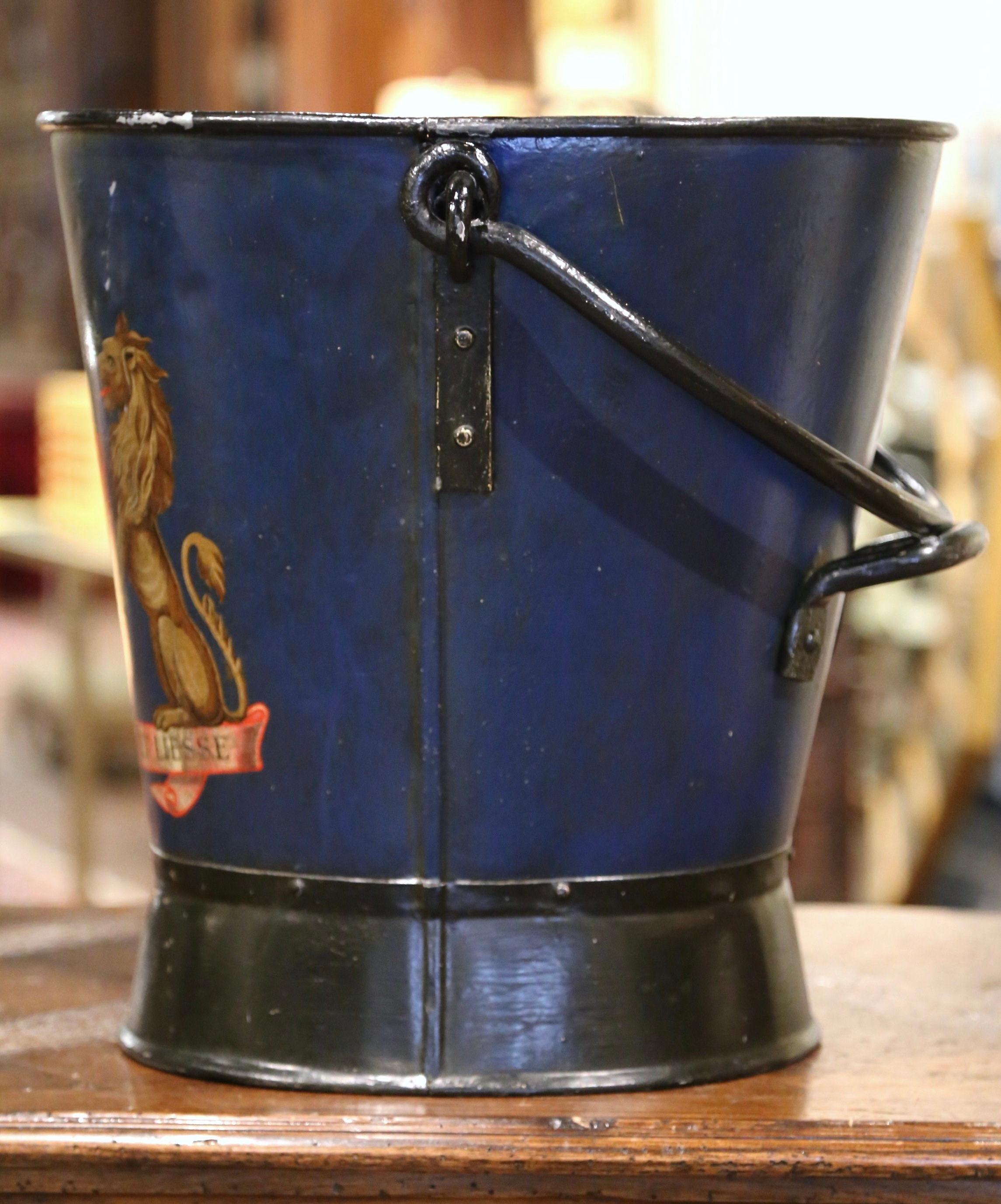 19th Century French Hand Painted Iron Coal Bucket with Coat of Arms Decor 1