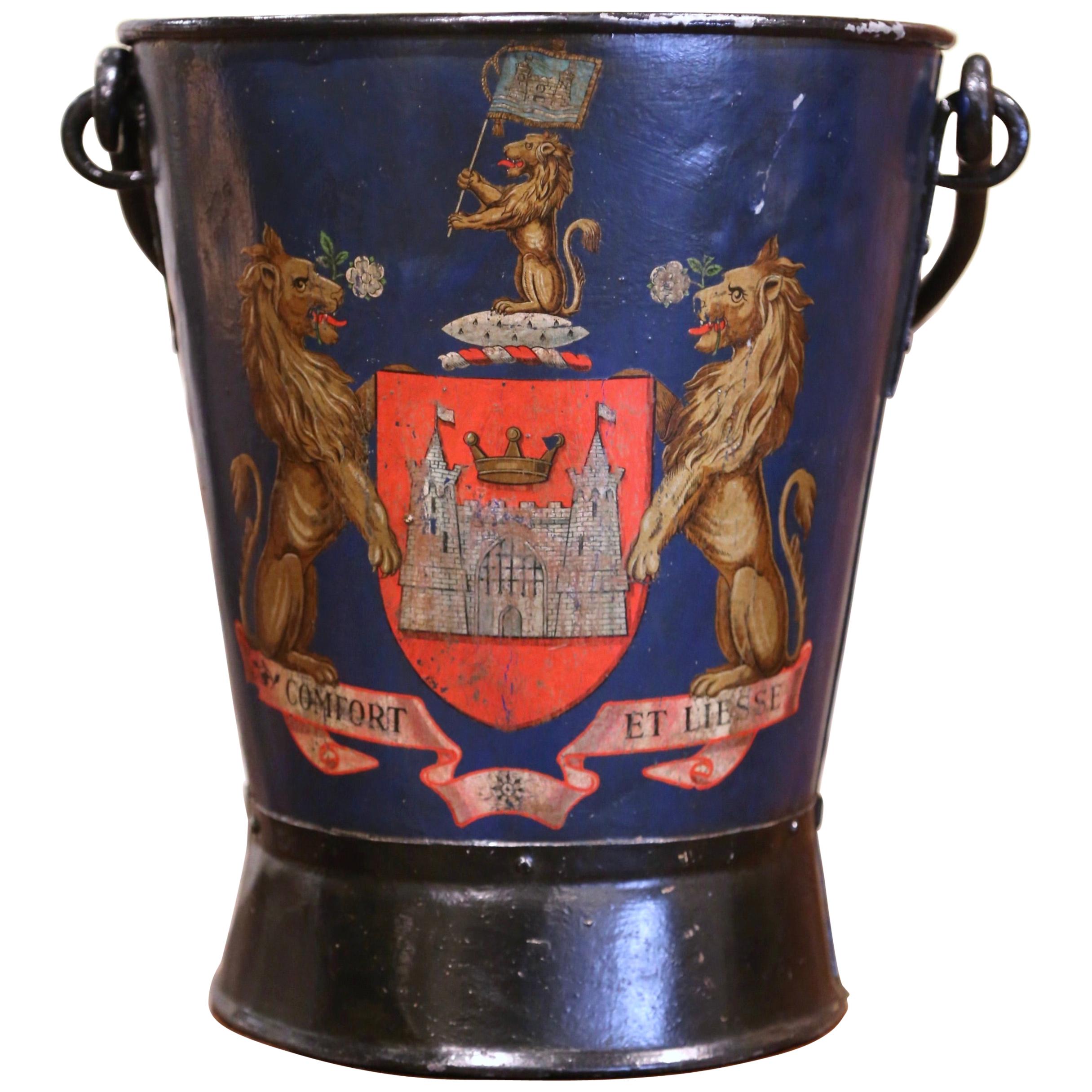 19th Century French Hand Painted Iron Coal Bucket with Coat of Arms Decor