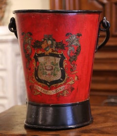 19th Century French Hand Painted Iron Coal Bucket with Crest Decor