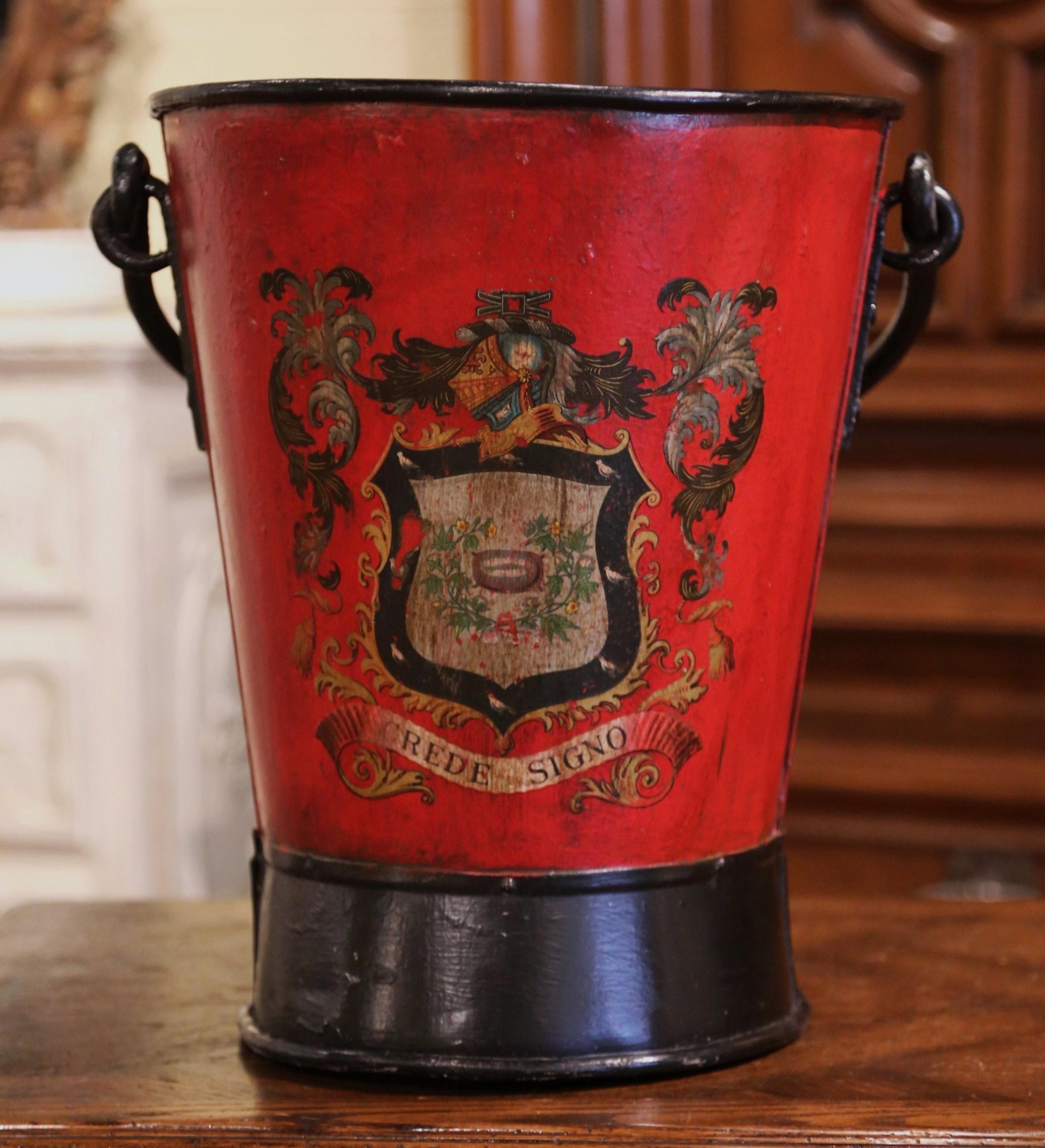 Metal 19th Century French Hand Painted Iron Coal Bucket with Crest Decor