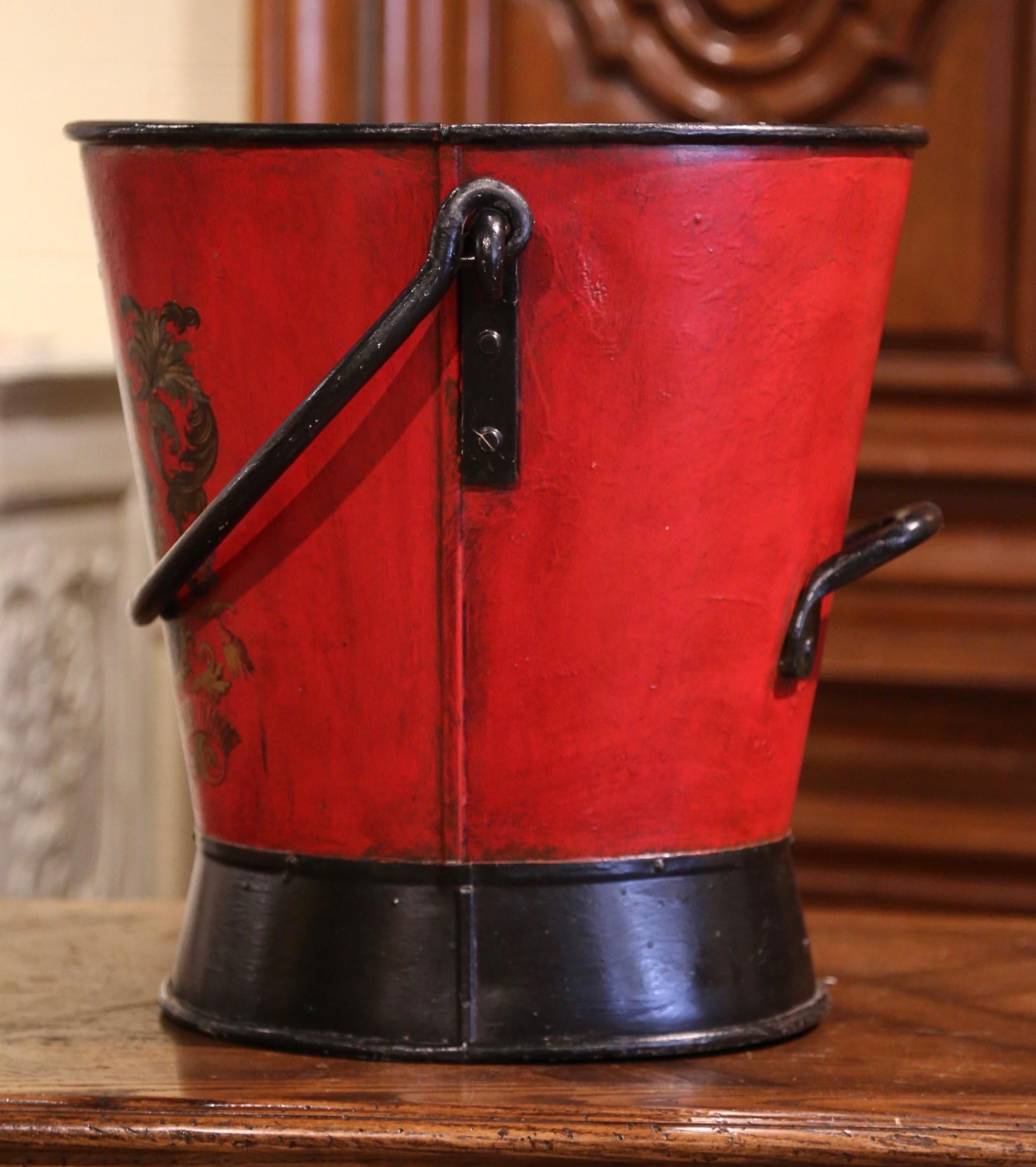 19th Century French Hand Painted Iron Coal Bucket with Crest Decor 1
