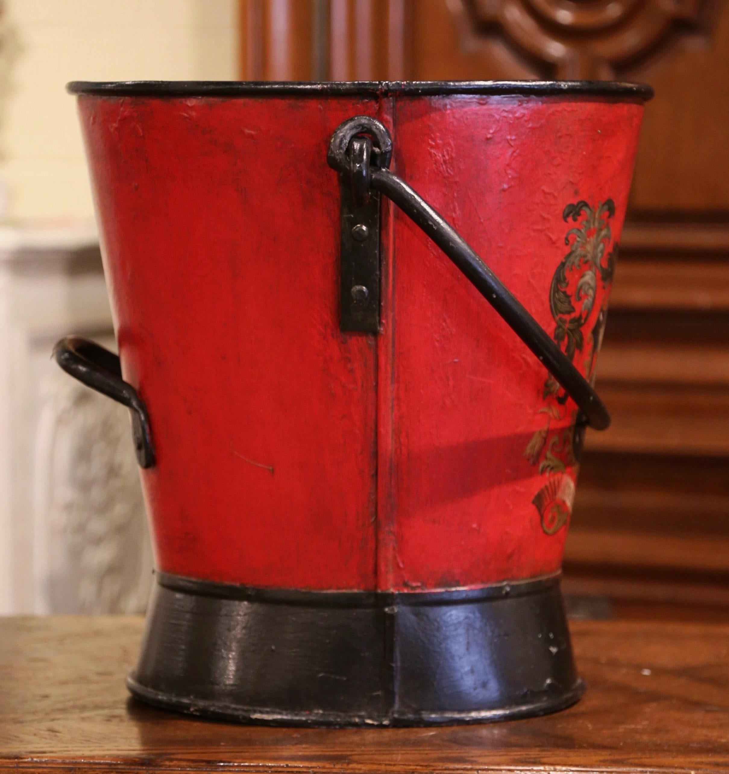 19th Century French Hand Painted Iron Coal Bucket with Crest Decor 2