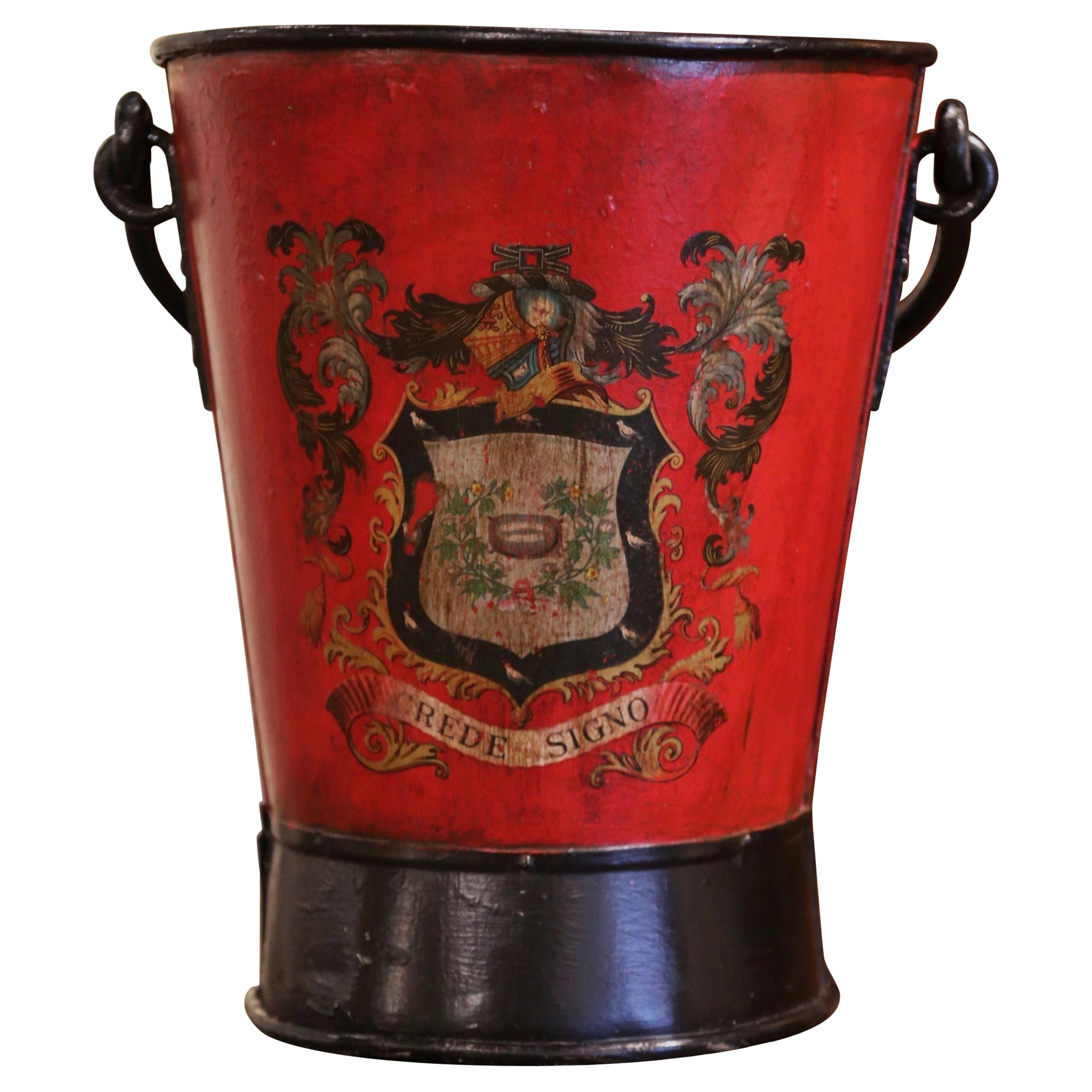19th Century French Hand Painted Iron Coal Bucket with Crest Decor