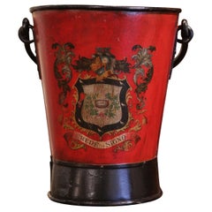 Antique 19th Century French Hand Painted Iron Coal Bucket with Crest Decor