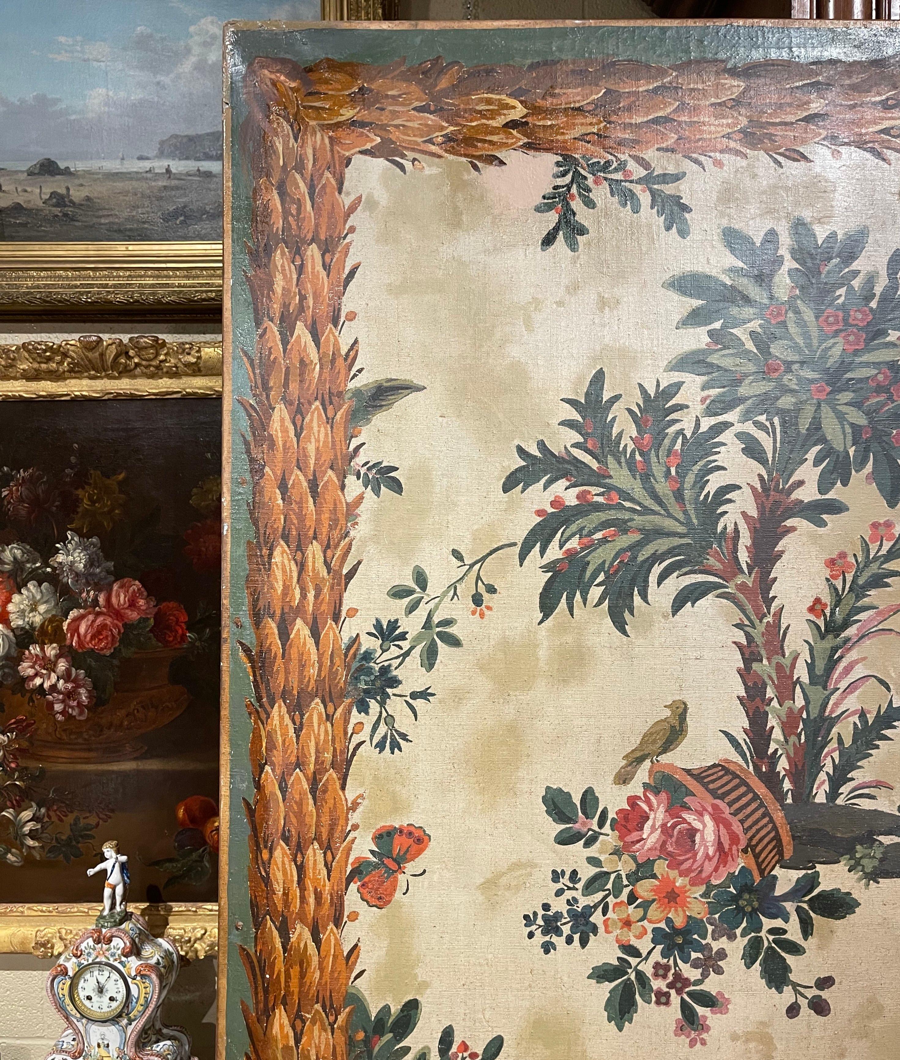 Hand-Painted 19th Century French Hand Painted Oil on Canvas Painting with Foliage Bird Motifs For Sale