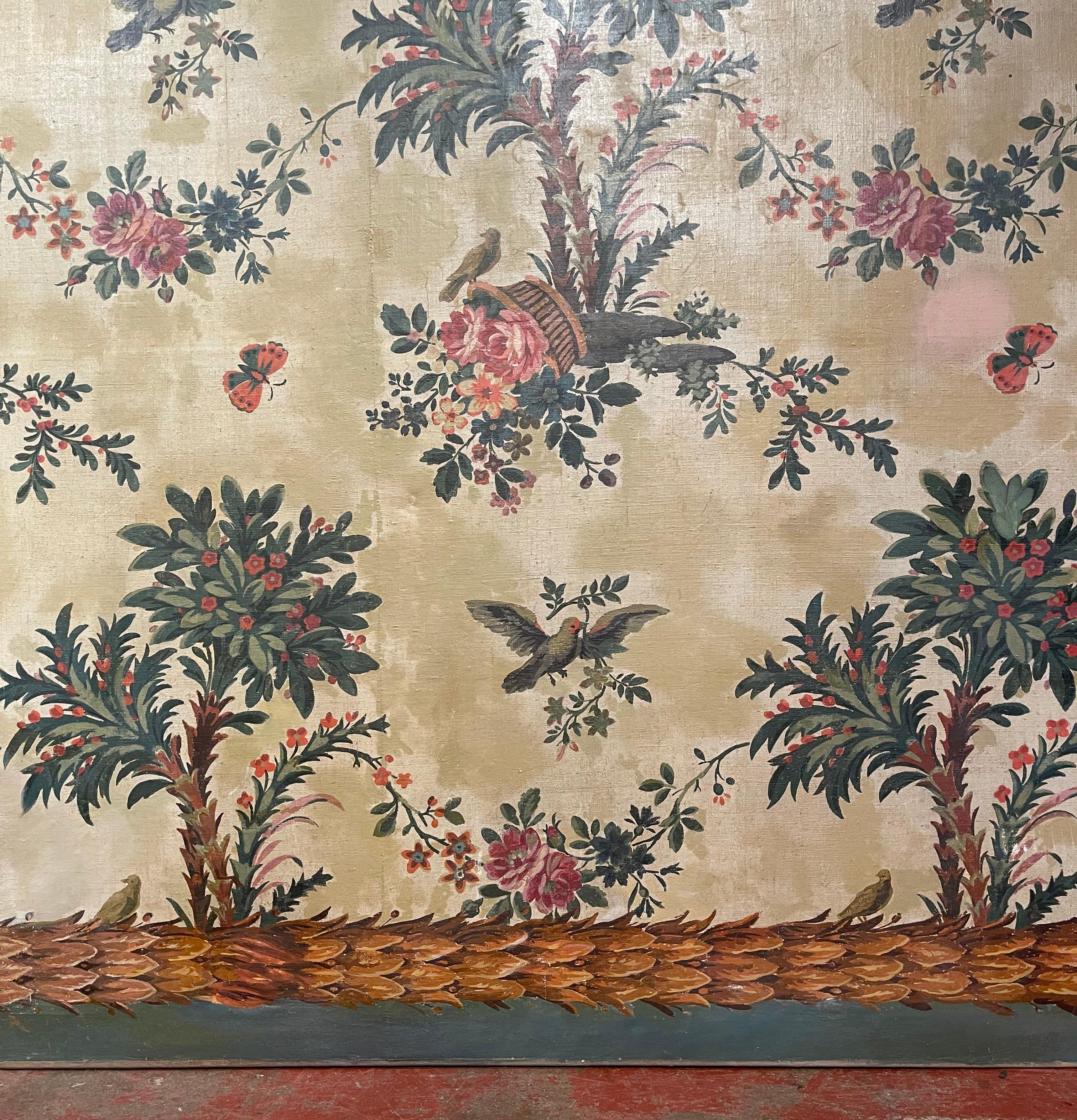 19th Century French Hand Painted Oil on Canvas Painting with Foliage Bird Motifs For Sale 1