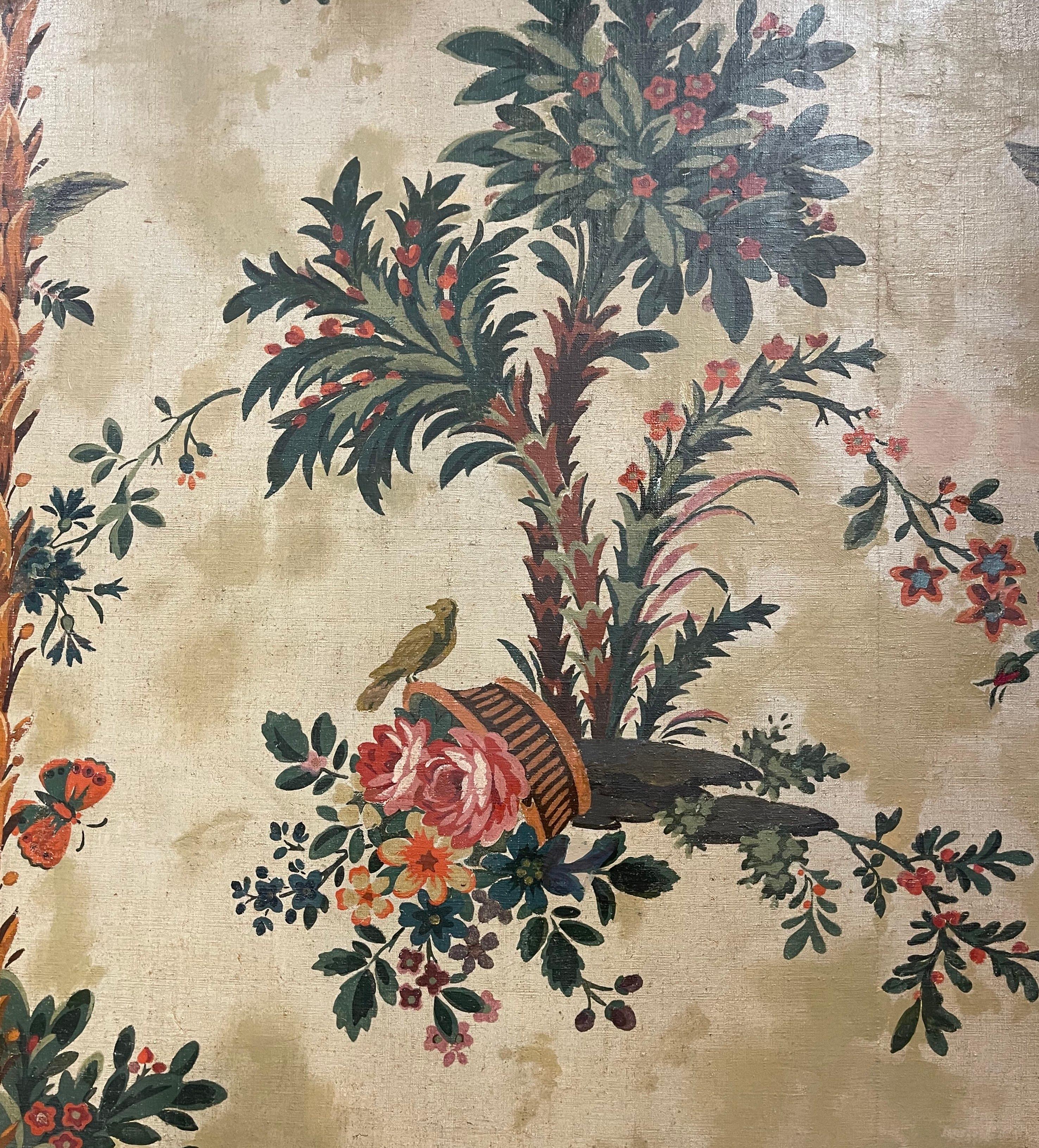 19th Century French Hand Painted Oil on Canvas Painting with Foliage Bird Motifs For Sale 2