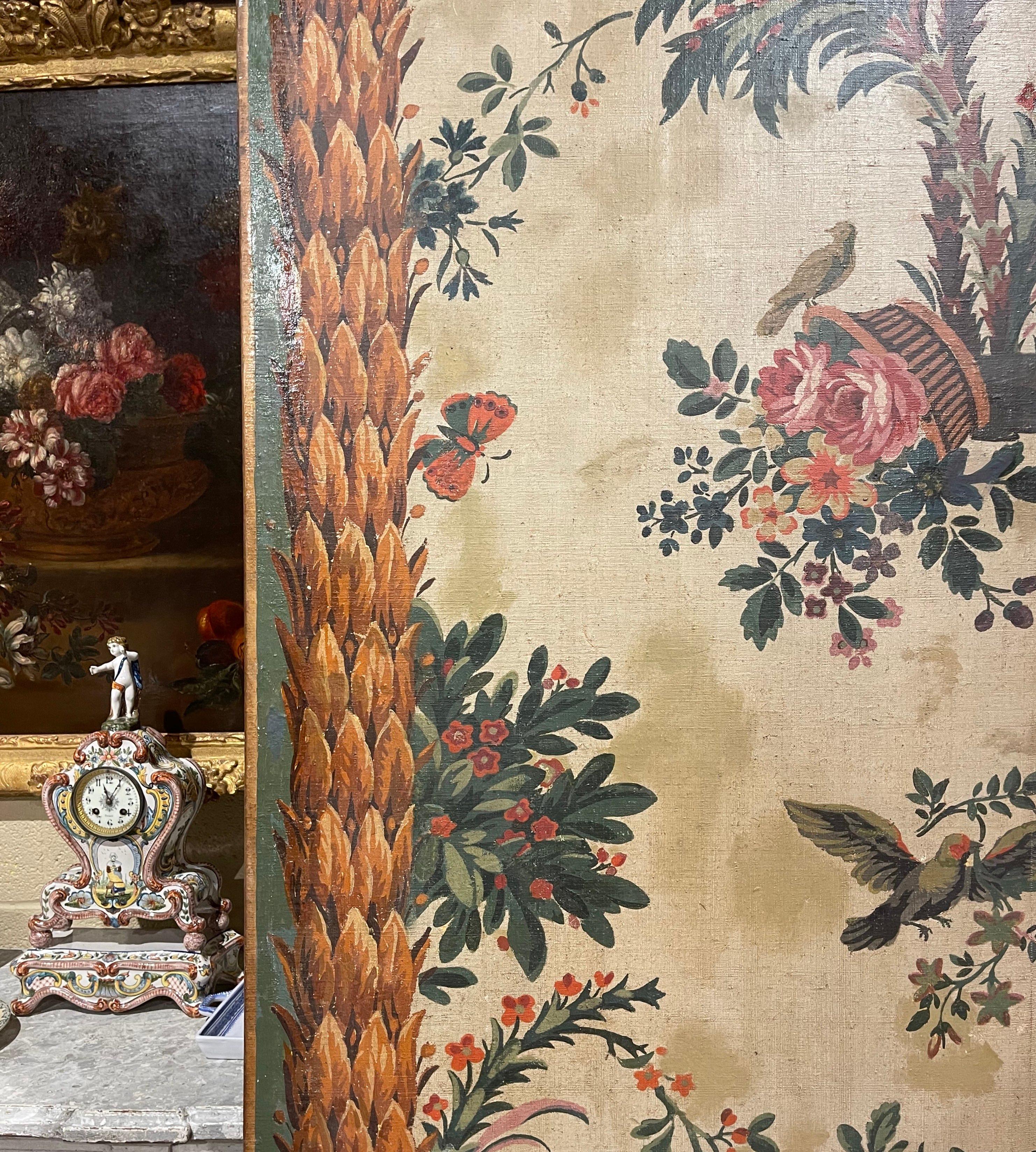 19th Century French Hand Painted Oil on Canvas Painting with Foliage Bird Motifs For Sale 3