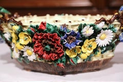 19th Century French Hand Painted Barbotine Ceramic Jardinière with Floral Decor