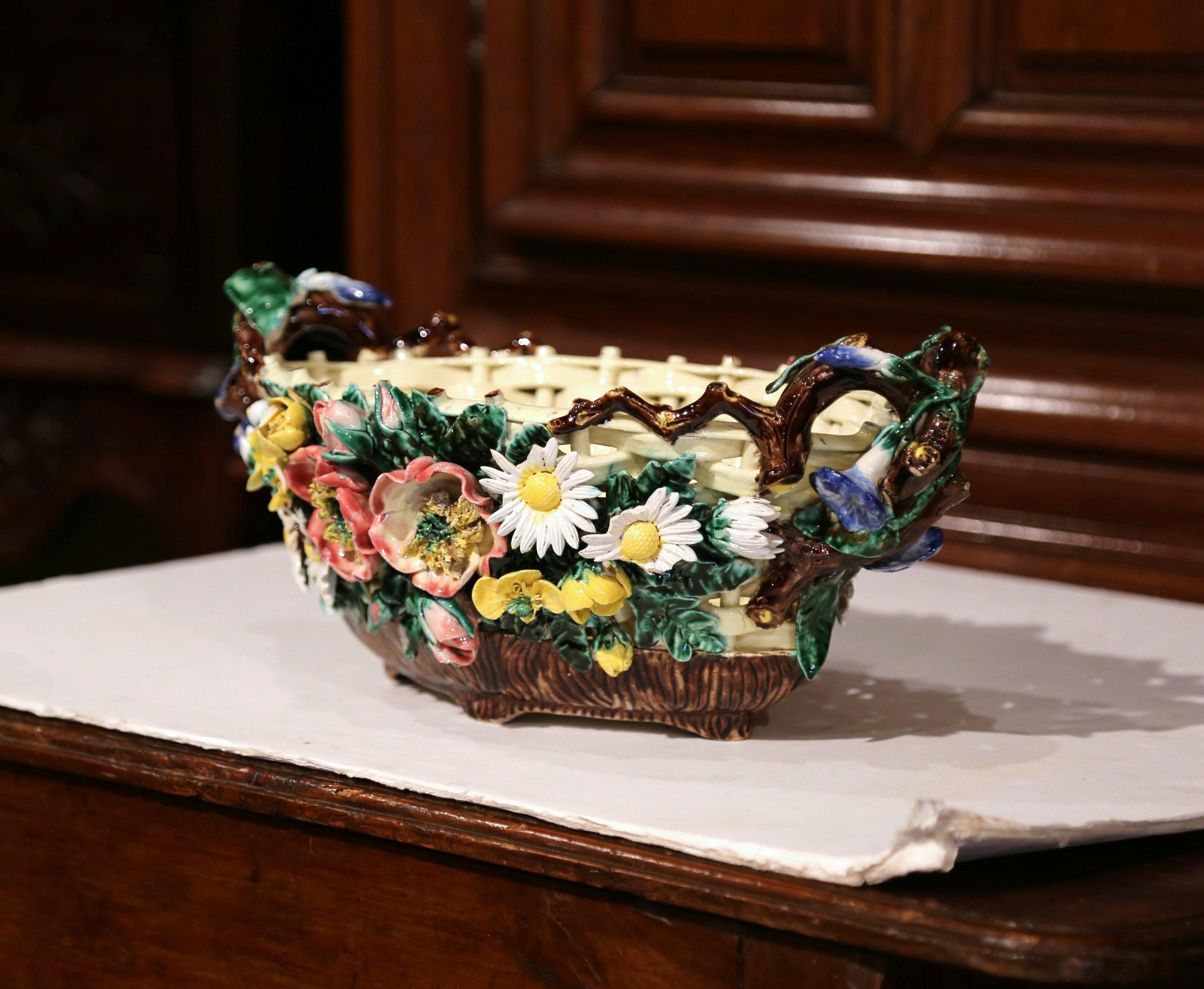 19th Century French Hand Painted Barbotine Ceramic Jardinière with Floral Decor In Good Condition In Dallas, TX