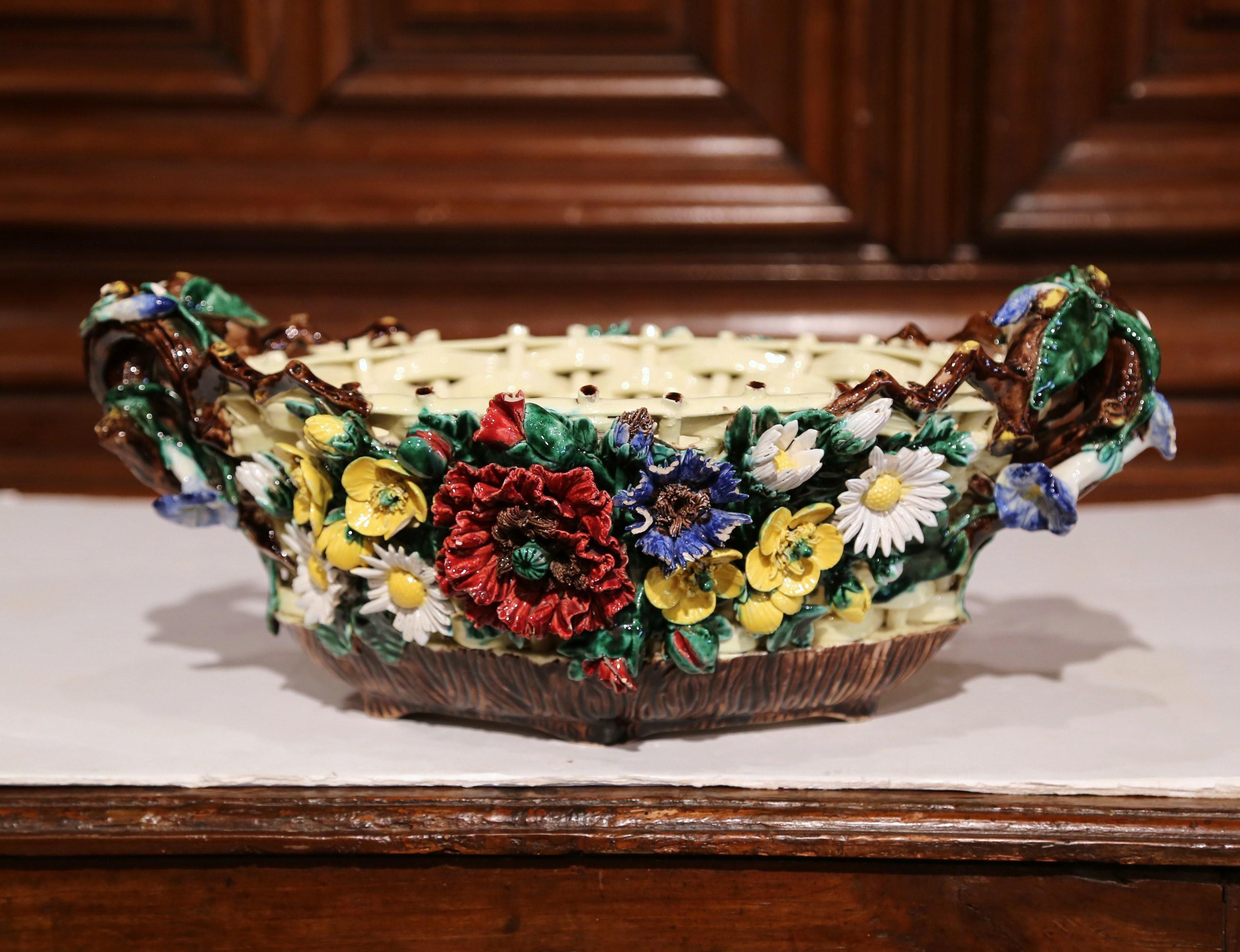 19th Century French Hand Painted Barbotine Ceramic Jardinière with Floral Decor 1