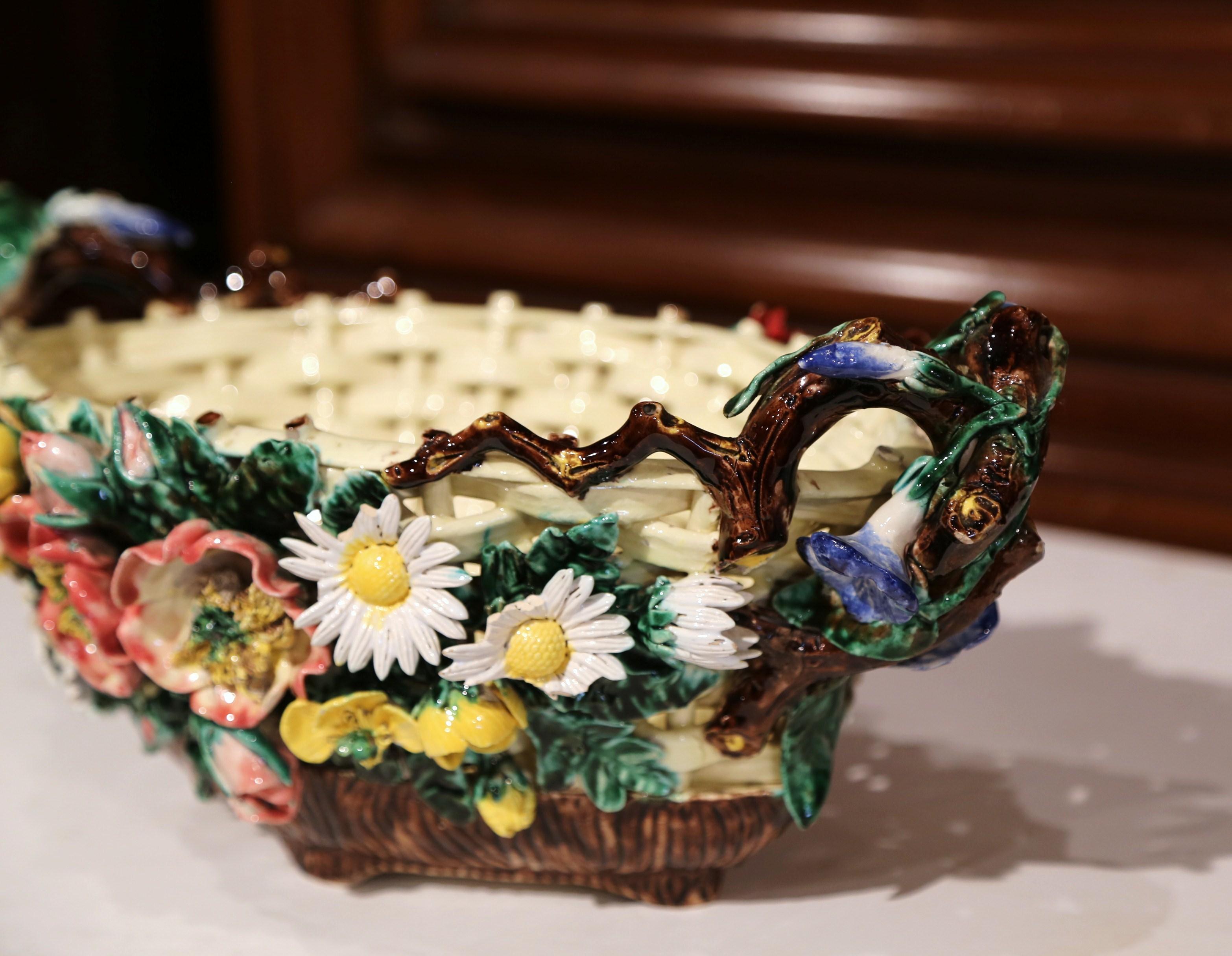 19th Century French Hand Painted Barbotine Ceramic Jardinière with Floral Decor 4