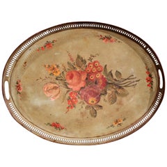 19th Century French Hand Painted Oval Gallery Tole Tray with Flowers and Foliage