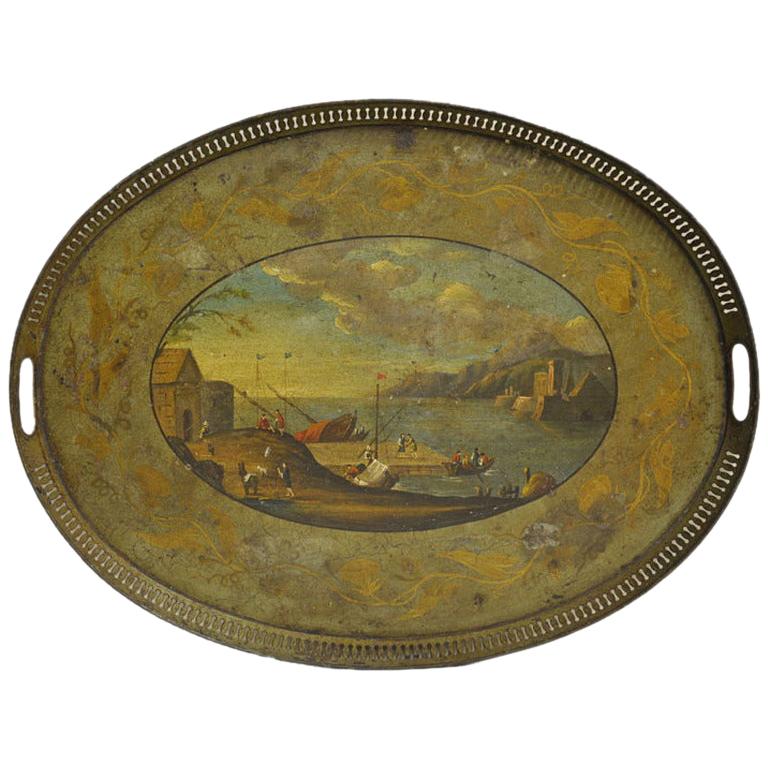 19th Century French Hand Painted Oval Tole Tray with Harbor Scene
