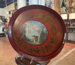 19th Century French Hand Painted Oval Tole Tray with Landscape Scene