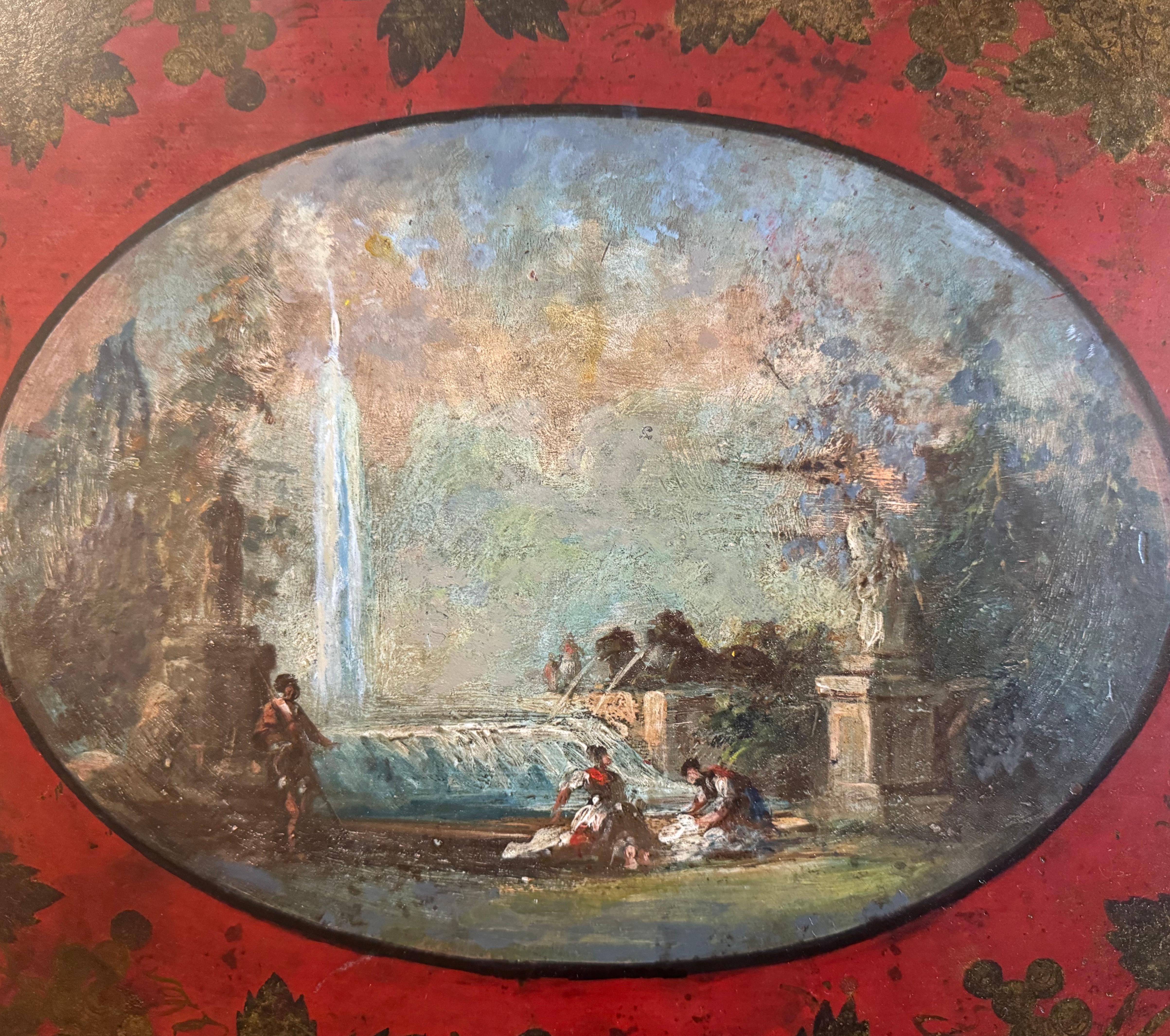 Néoclassique Plateau en tôle ovale peint à la main du 19ème siècle avec scène de paysage en vente