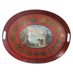 19th Century French Hand Painted Oval Tole Tray with Landscape Scene