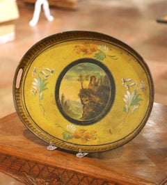19th Century French Hand-Painted Oval Tole Tray with Romantic Ruins Scene