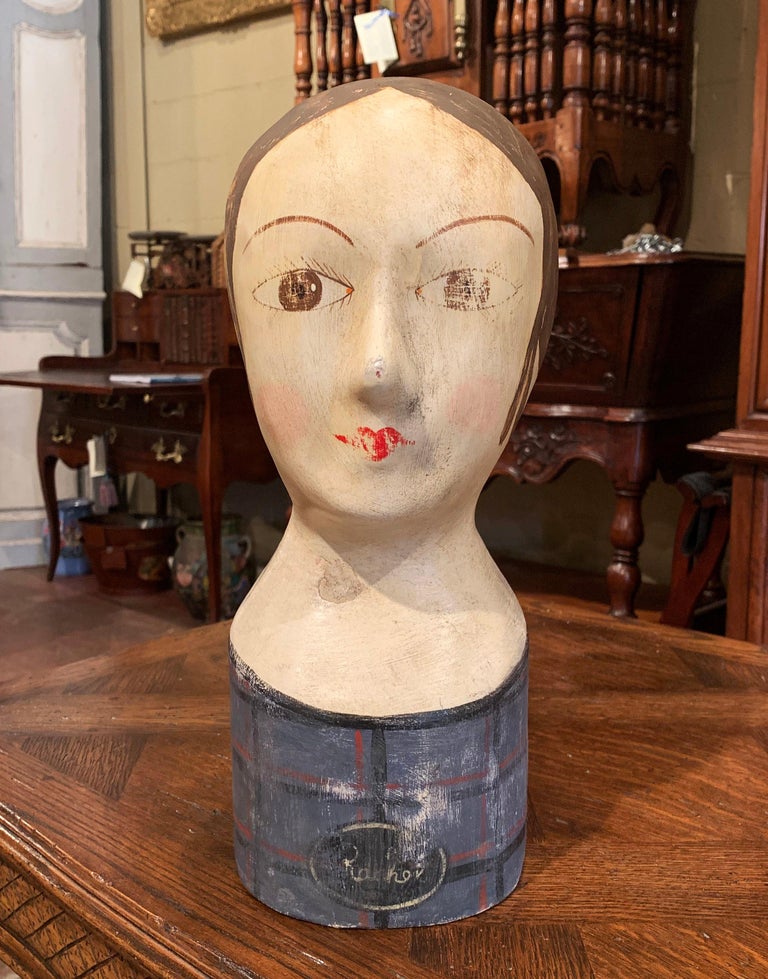 19th Century French Hand Painted Papier Mâché Marotte Bust For Sale at