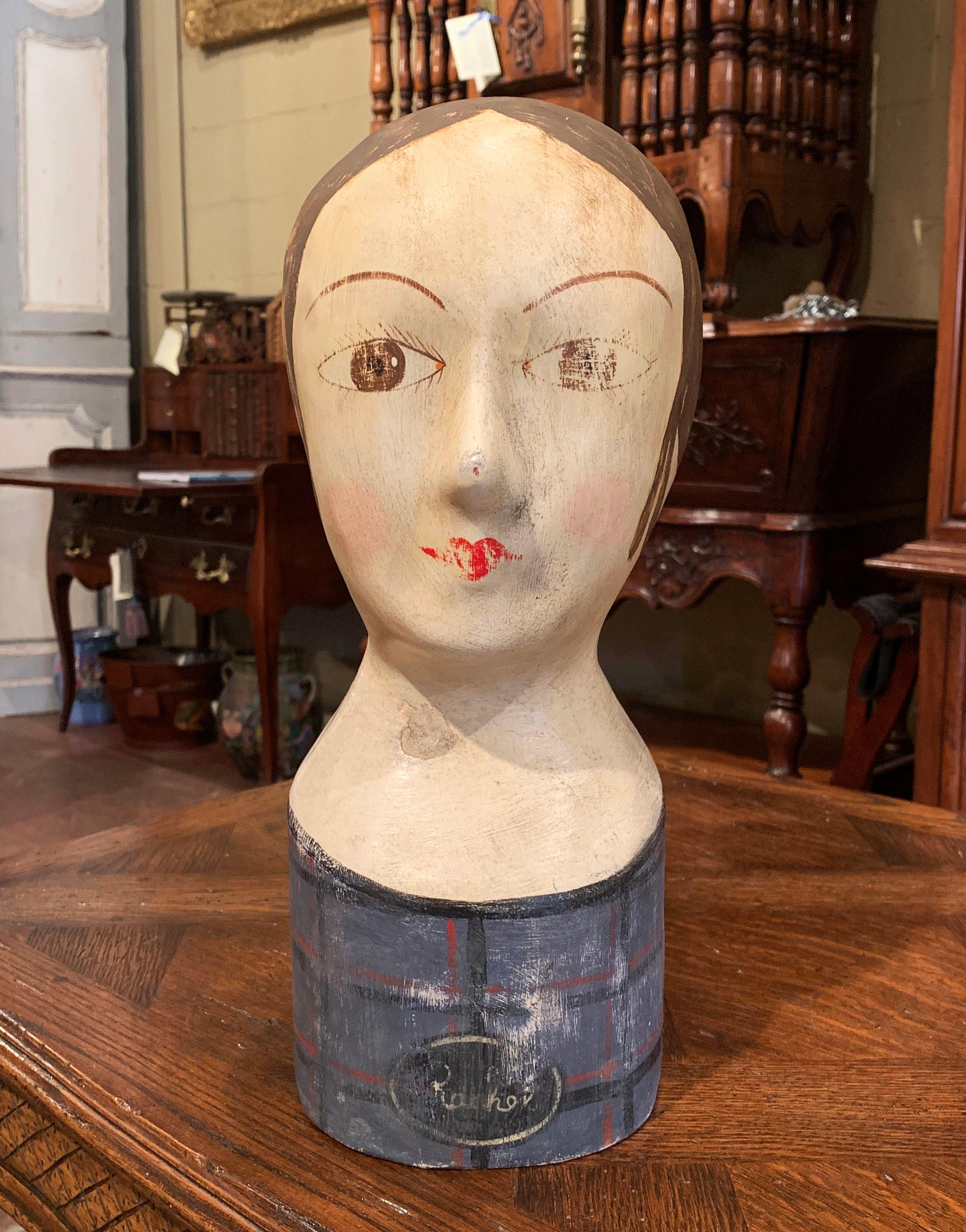 Add a conversation starter to your art collection with this hand painted, papier mâché bust. Created in France circa 1880, the head sculpture has theatrical, cartoon-like facial details. This type of bust is commonly called marotte in French, and is