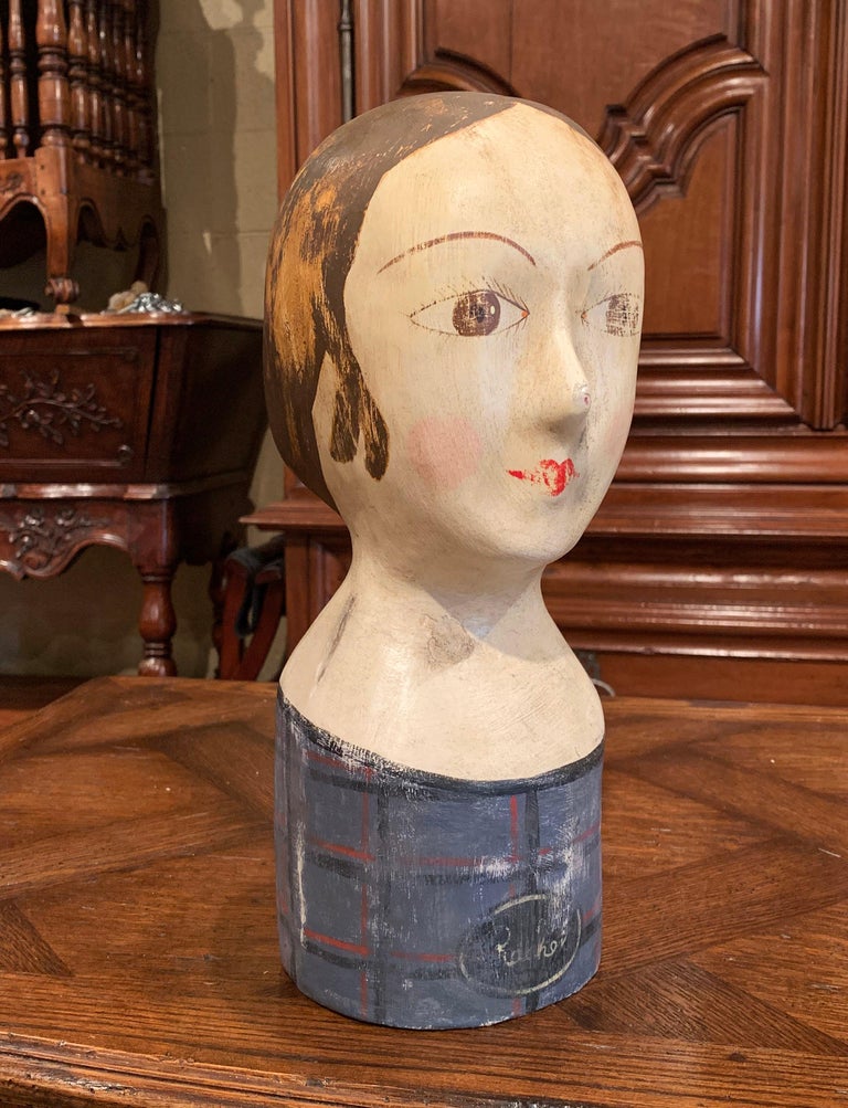 19th Century French Hand Painted Papier Mâché Marotte Bust For Sale at