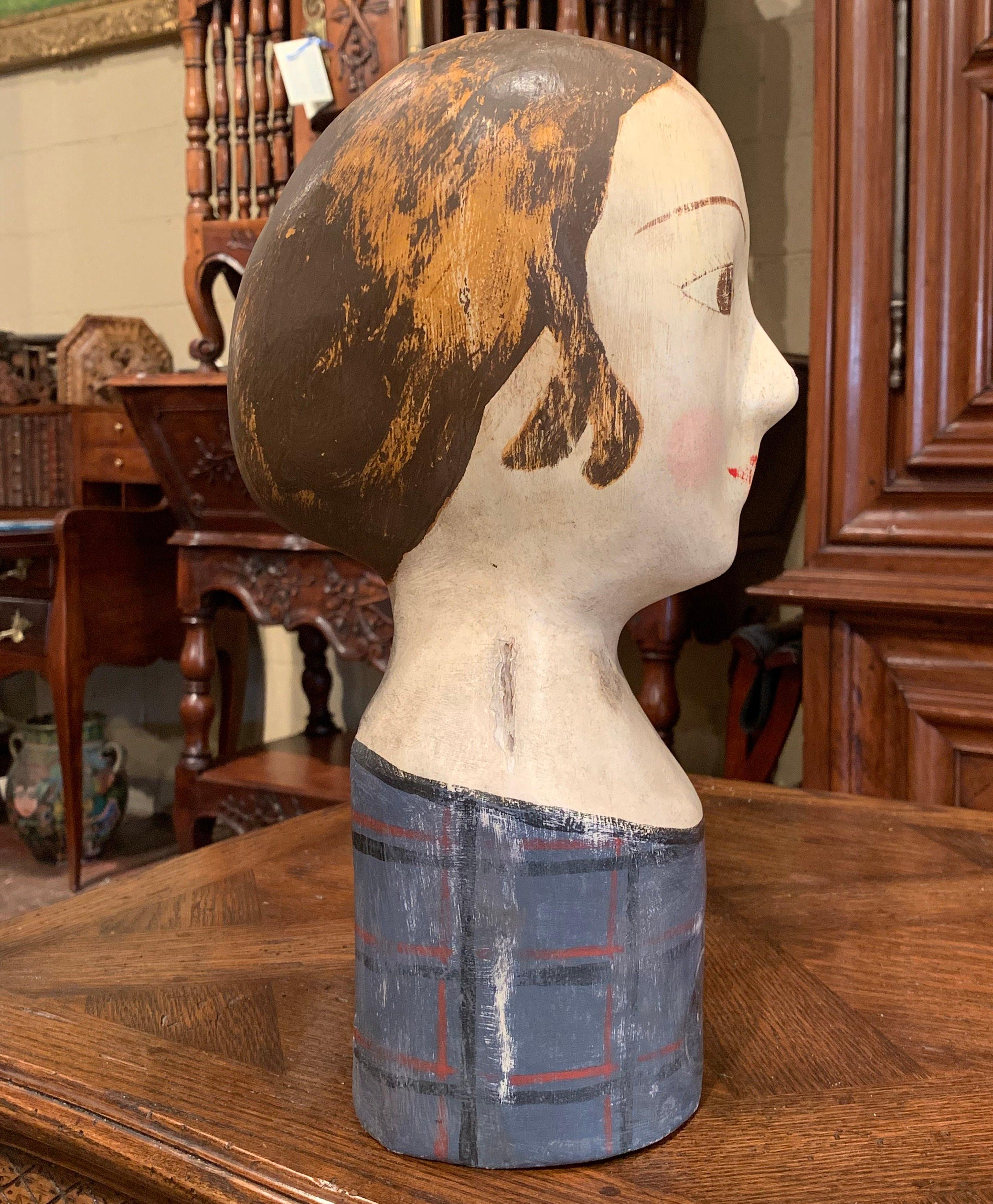 19th Century French Hand Painted Paper Mâché Marotte Bust In Excellent Condition In Dallas, TX