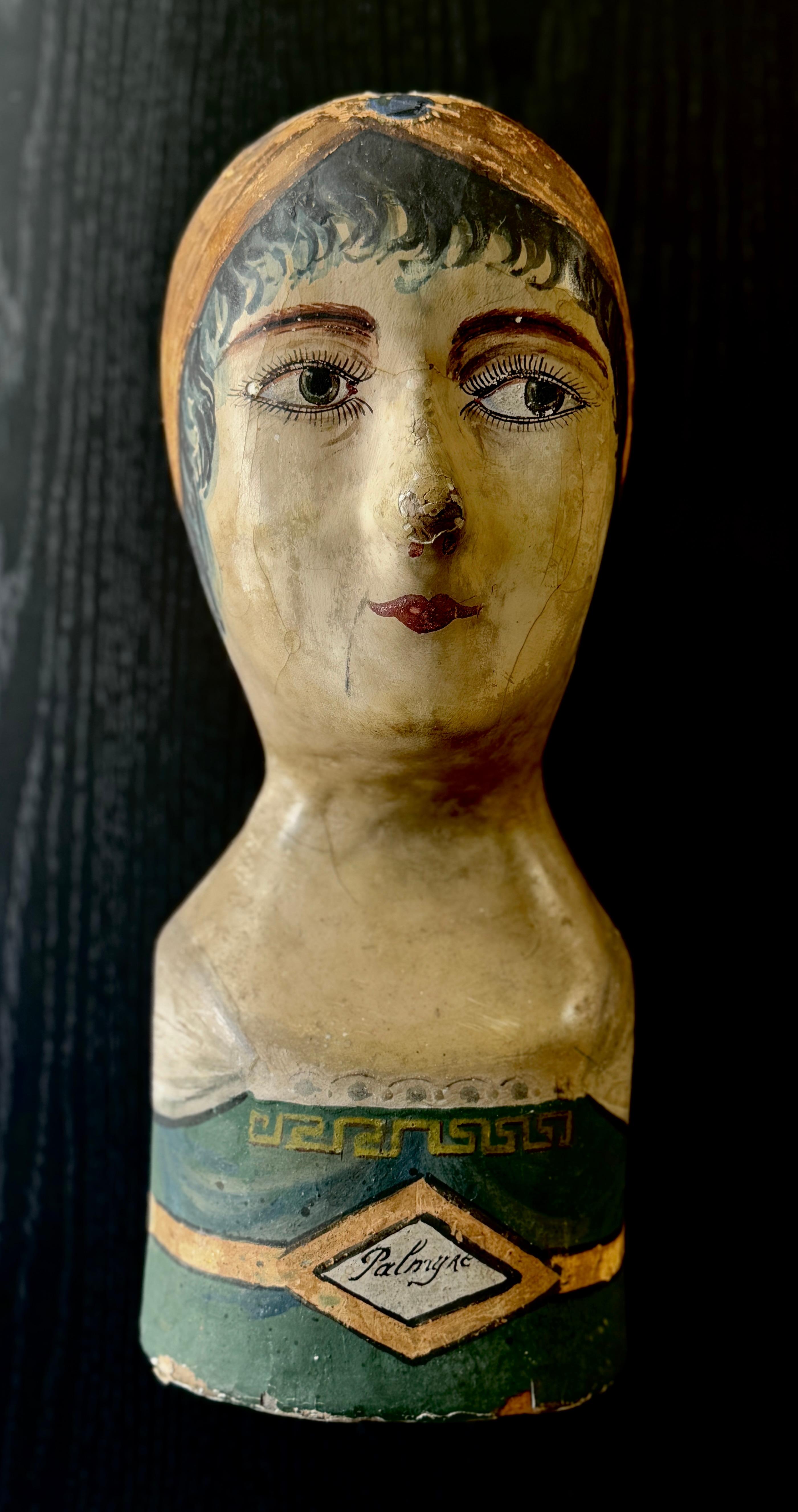 19th Century French Hand-Painted Paper-Mache Wig-stand 1