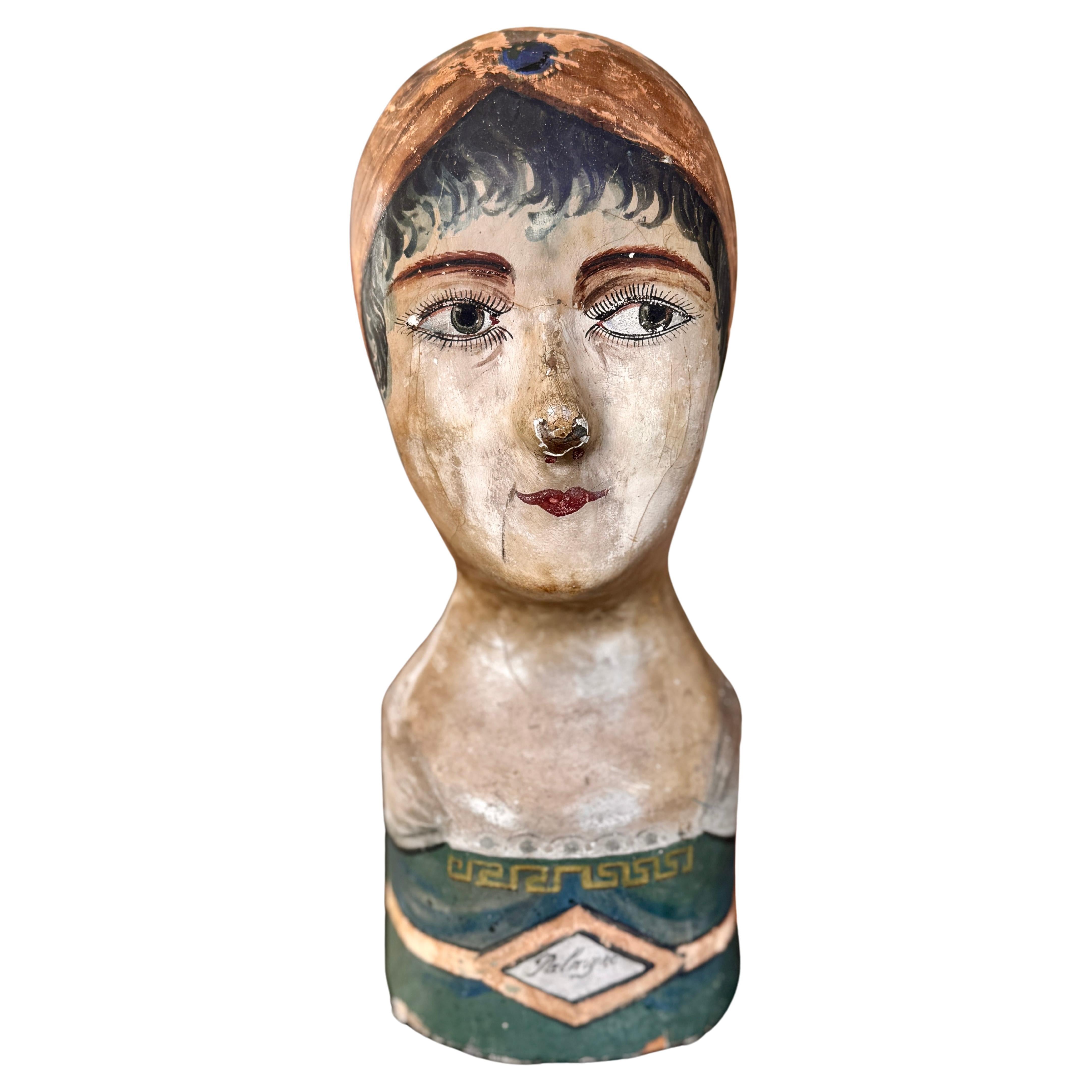 19th Century French Hand-Painted Paper-Mache Wig-stand