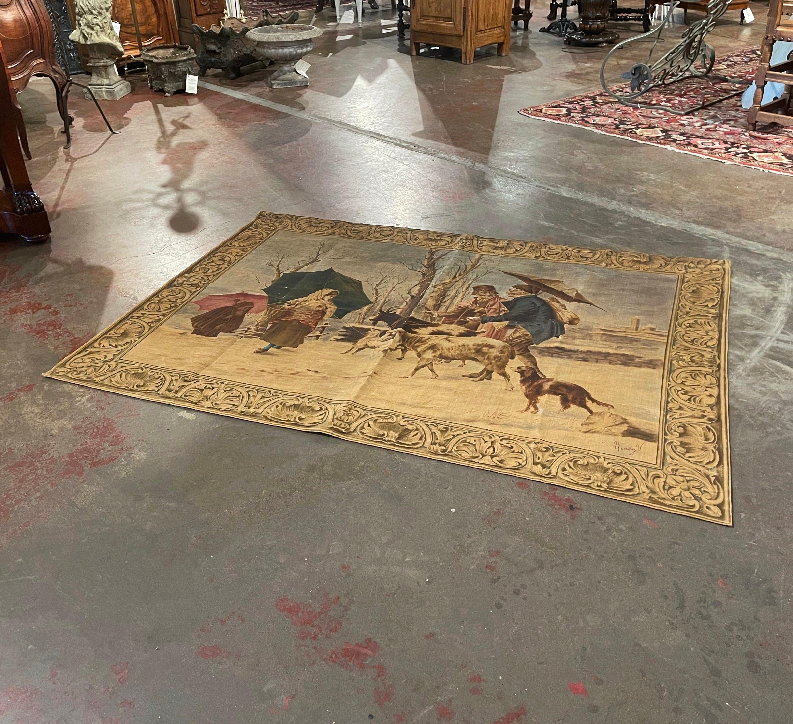 This six foot hand painted canvas was crafted in France, circa 1870. The antique tapestry features an outdoor pastoral genre scene in the manner of David Teniers; the artwork, signed by the artist Rosetta V., depicts an outside peasant scene with