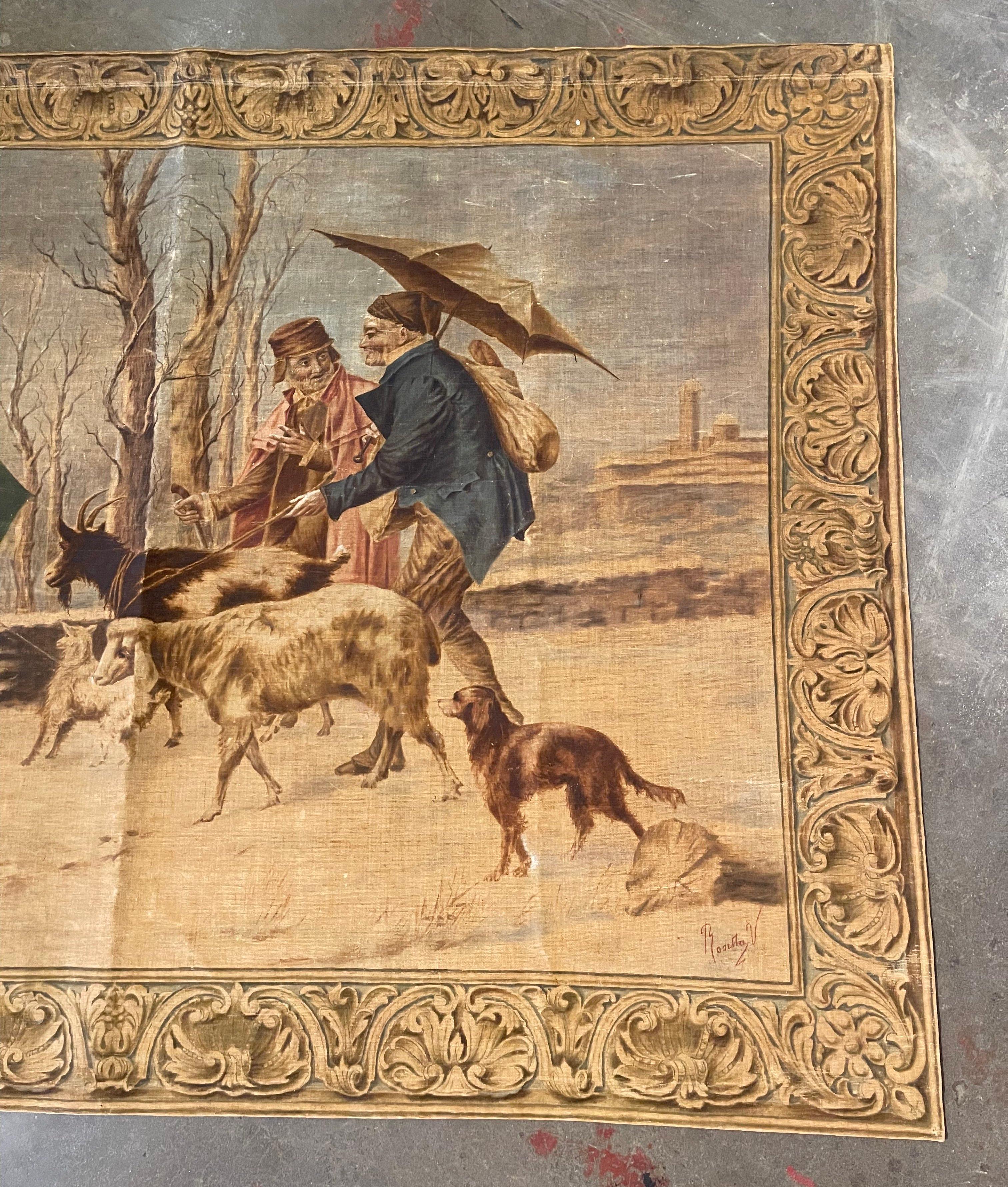 Hand-Painted 19th Century French Hand Painted Pastoral Canvas Tapestry Signed Rosetta V. For Sale