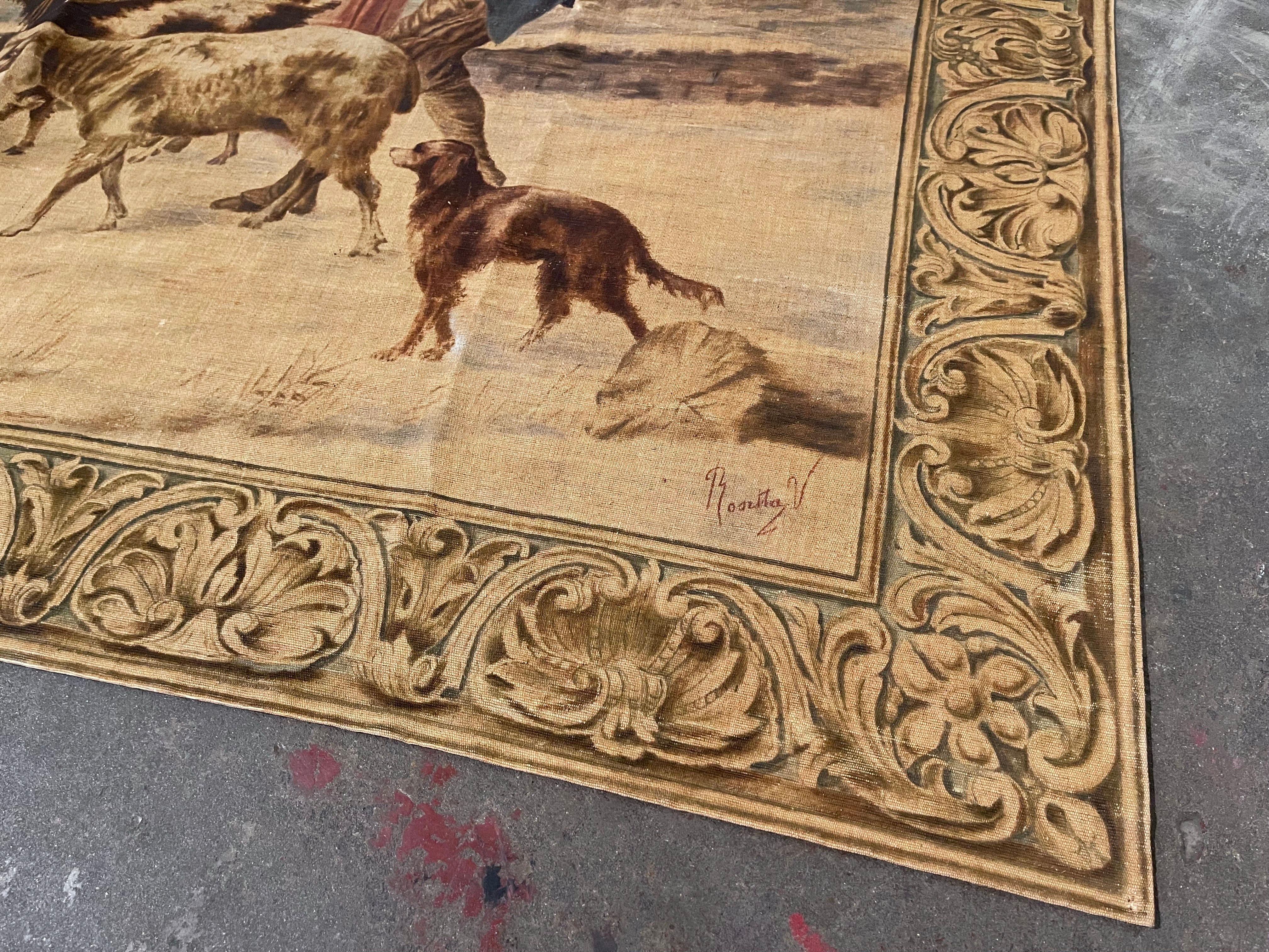 19th Century French Hand Painted Pastoral Canvas Tapestry Signed Rosetta V. In Excellent Condition For Sale In Dallas, TX
