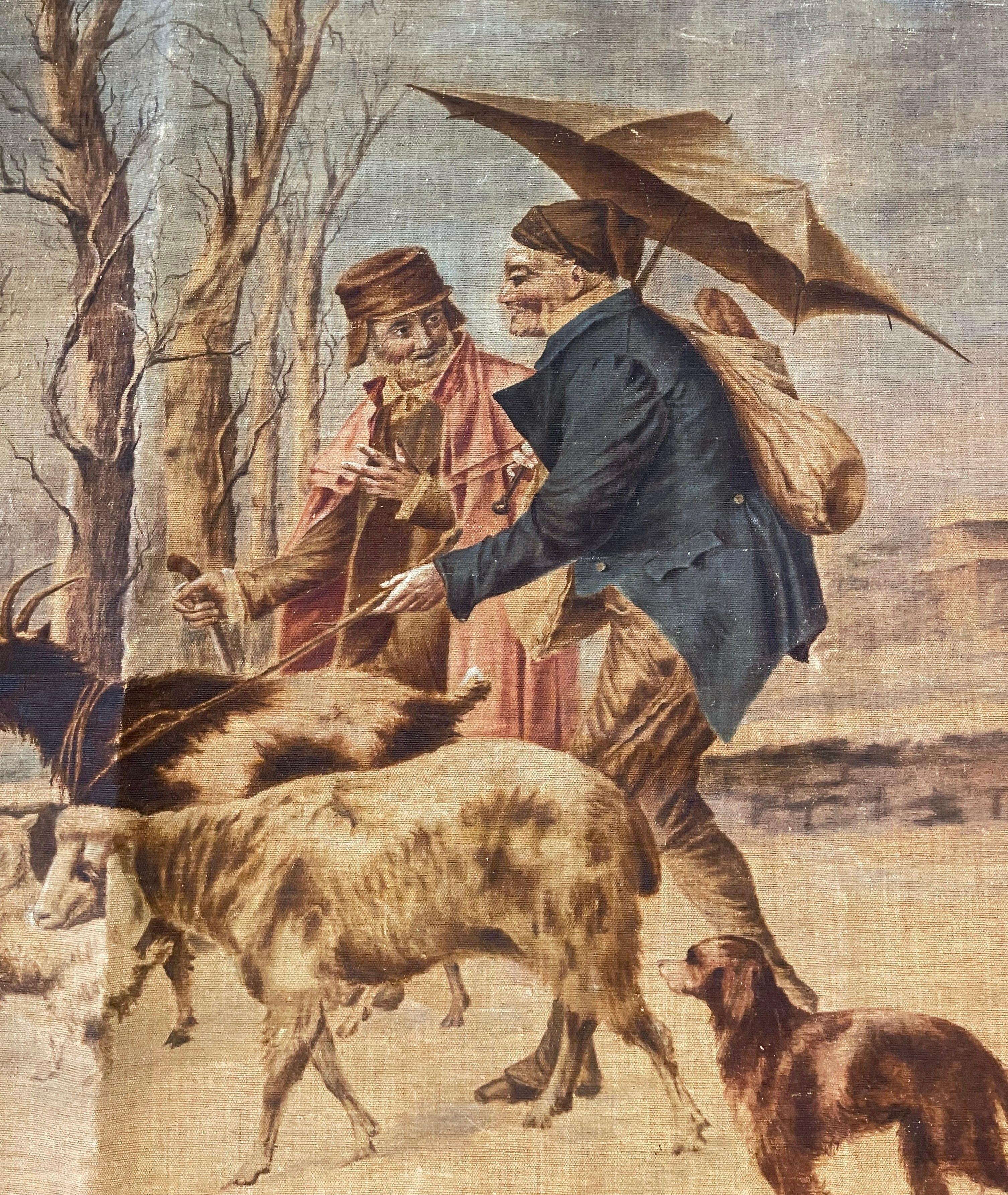 Tela Arazzo su tela pastorale francese del XIX secolo, dipinto a mano, firmato Rosetta V. in vendita