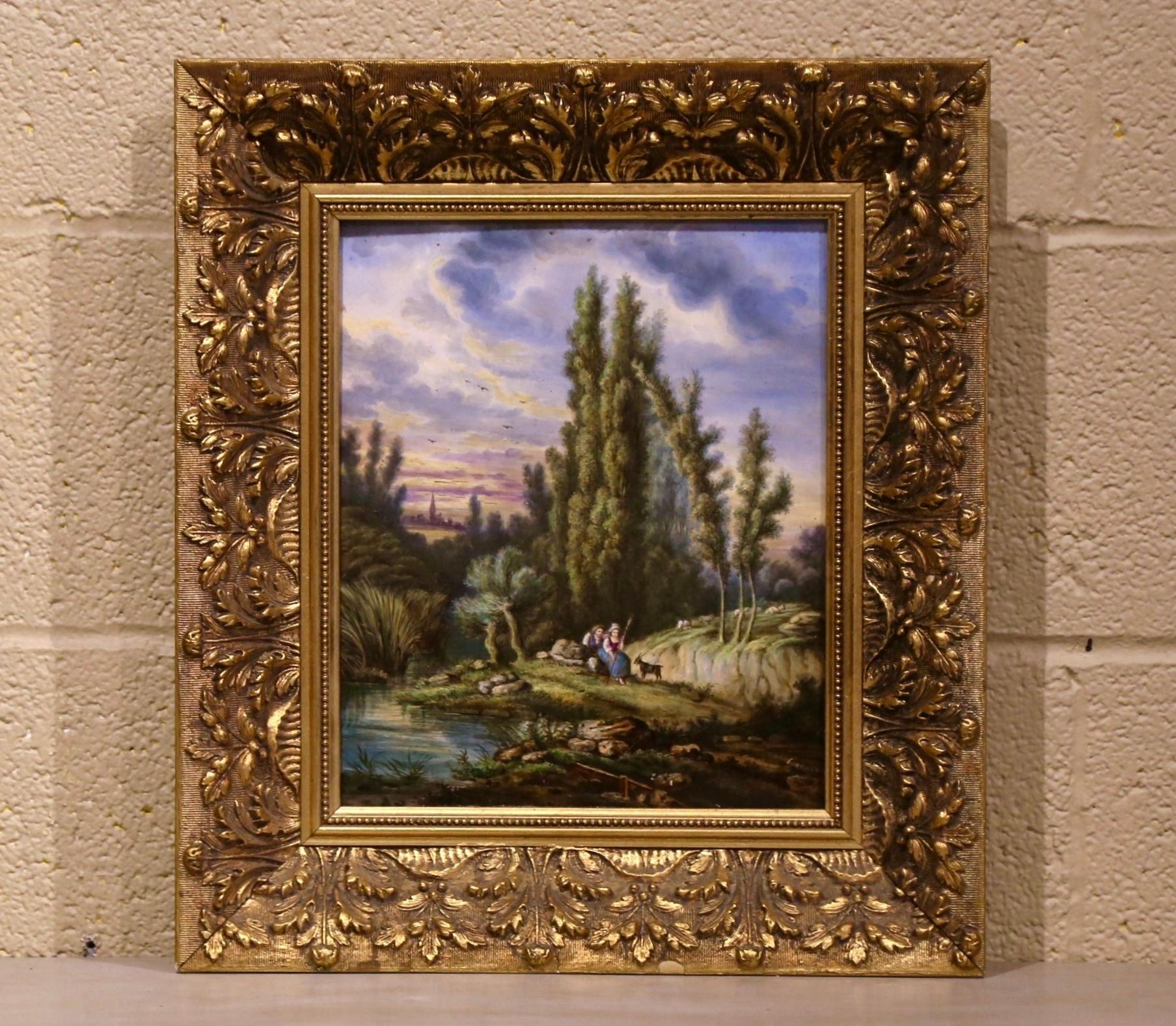 19th Century French Hand Painted Pastoral Porcelain Plaque In Excellent Condition In Dallas, TX