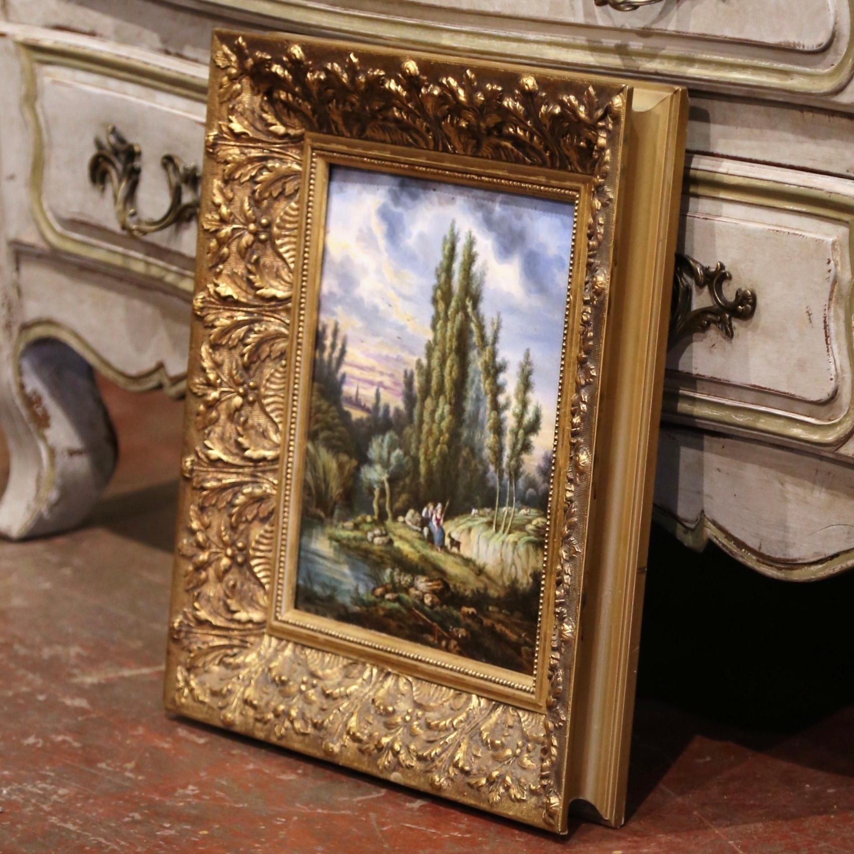 Giltwood 19th Century French Hand Painted Pastoral Porcelain Plaque