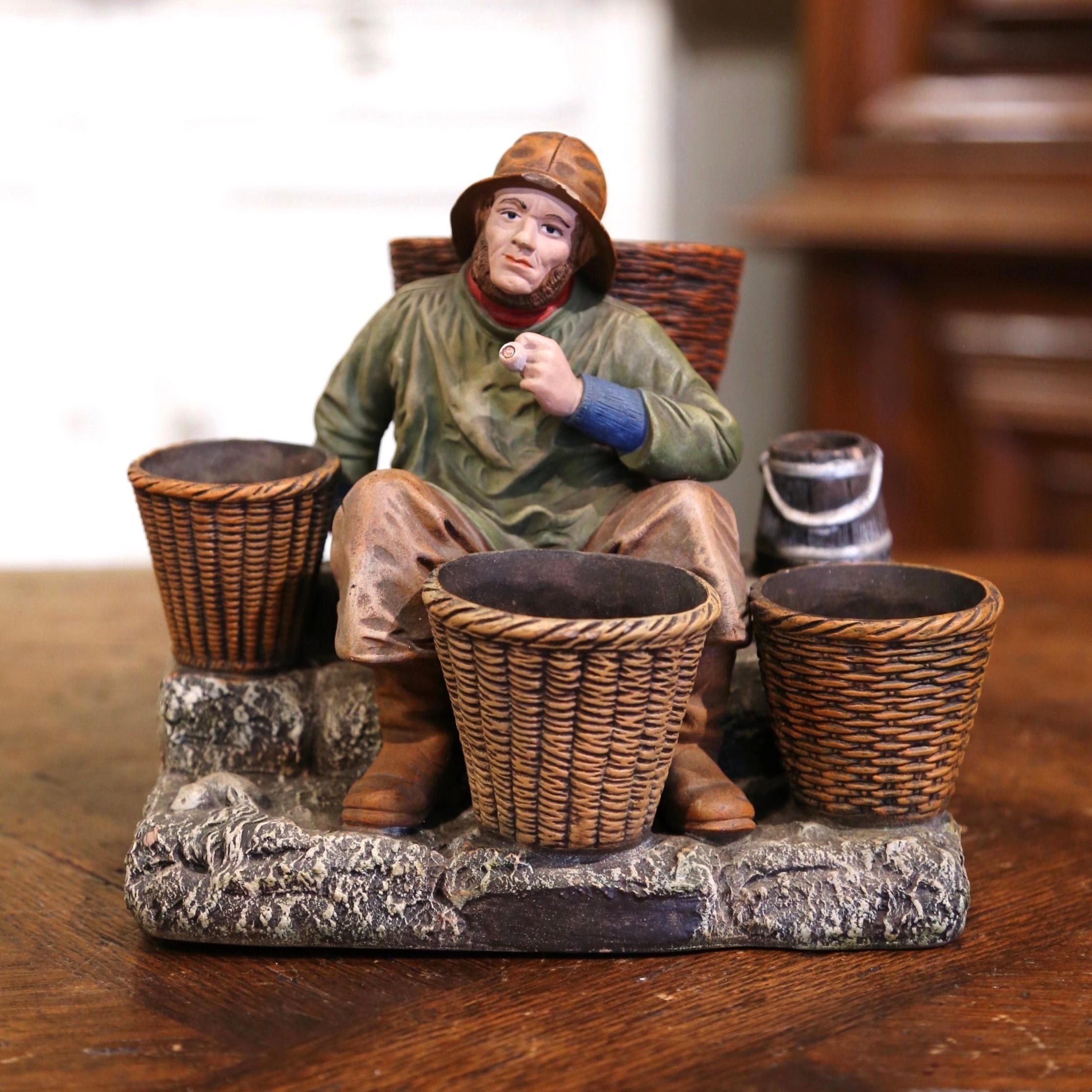 Hand-Crafted 19th Century French Hand Painted Polychrome Terracotta Fisherman Figurine For Sale