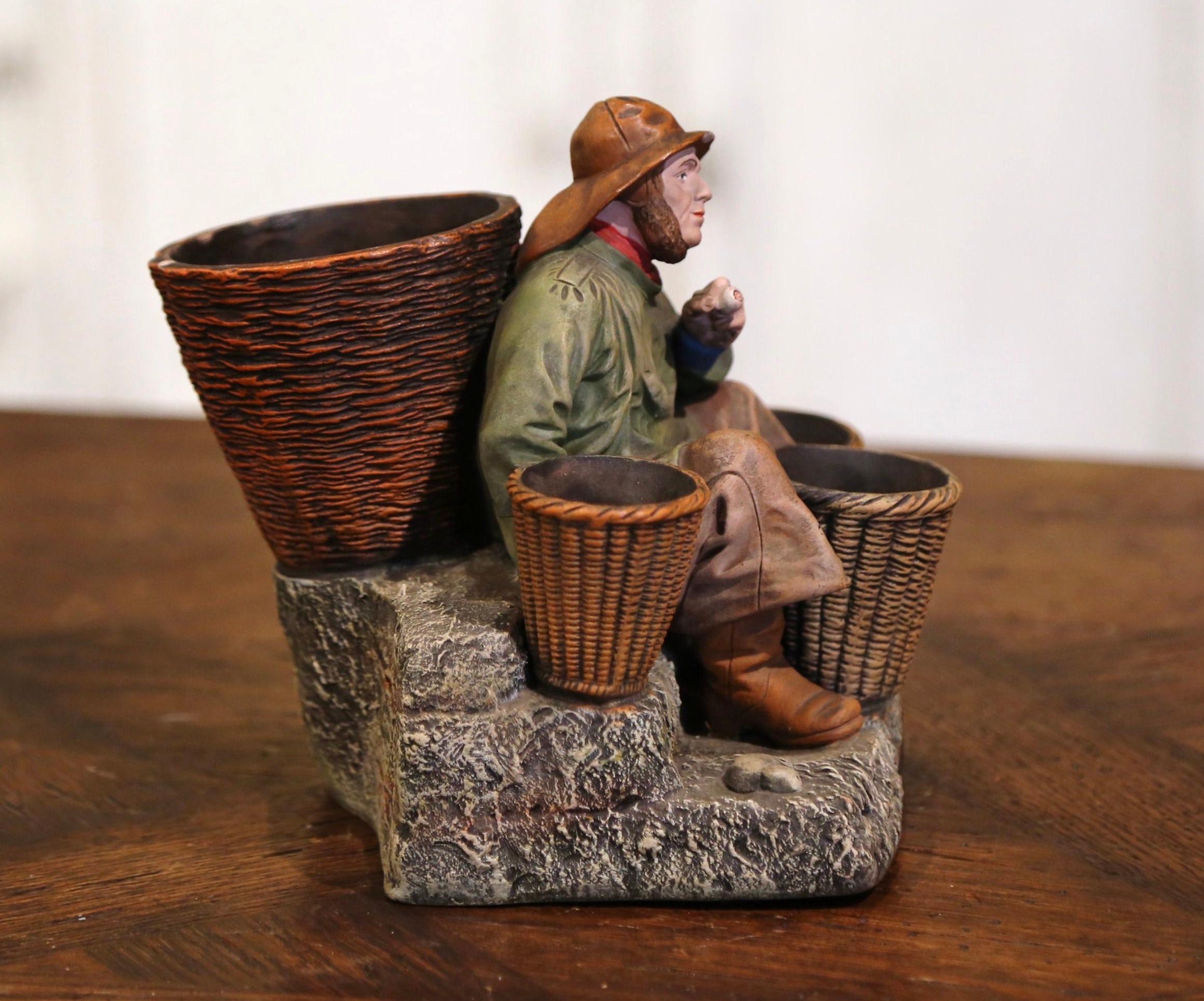 Earthenware 19th Century French Hand Painted Polychrome Terracotta Fisherman Figurine For Sale