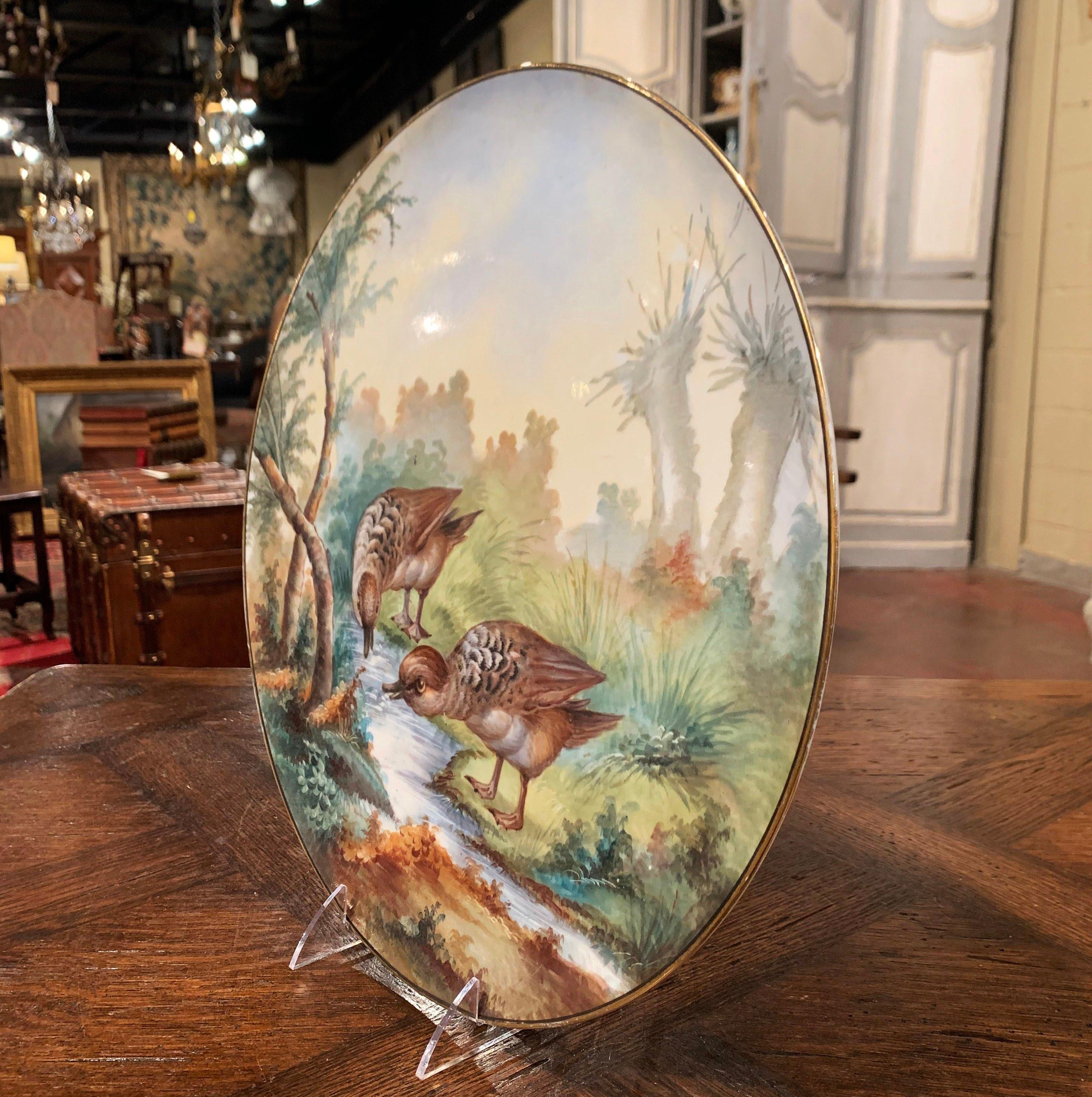 19th Century French Hand Painted Porcelain Bird Platter Signed J. Pouyat In Excellent Condition For Sale In Dallas, TX