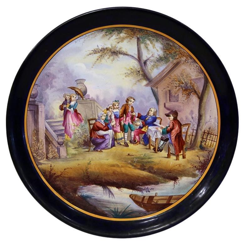 19th Century French Hand Painted Porcelain "Fete Champetre" Wall Platter For Sale