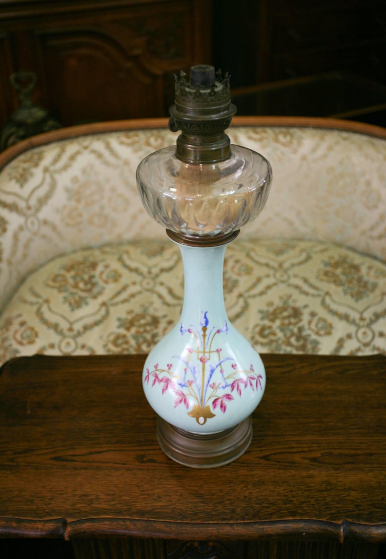 19th Century French HandPainted Porcelain Oil Lamp on a Bronze Base