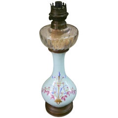 19th Century French Hand-Painted Porcelain Oil Lamp on a Bronze Base