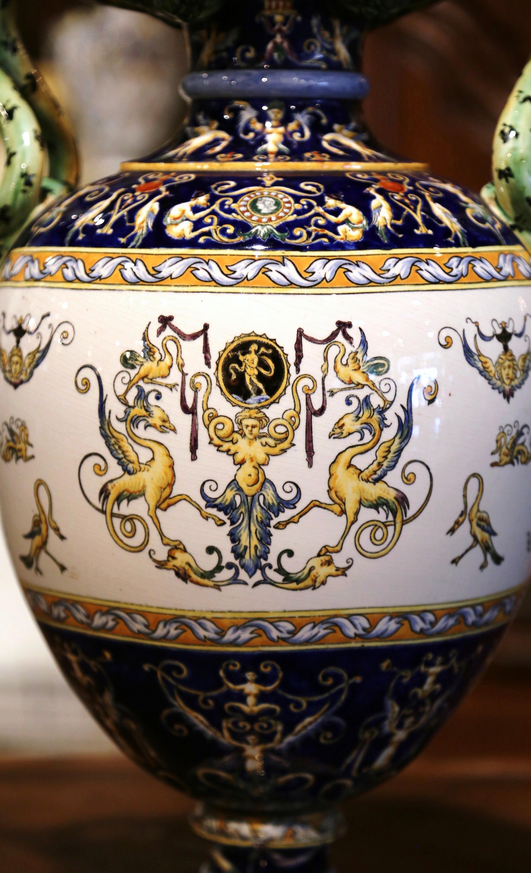 Louis XV 19th Century French Hand Painted Porcelain Vase with Snake Handles from Gien For Sale