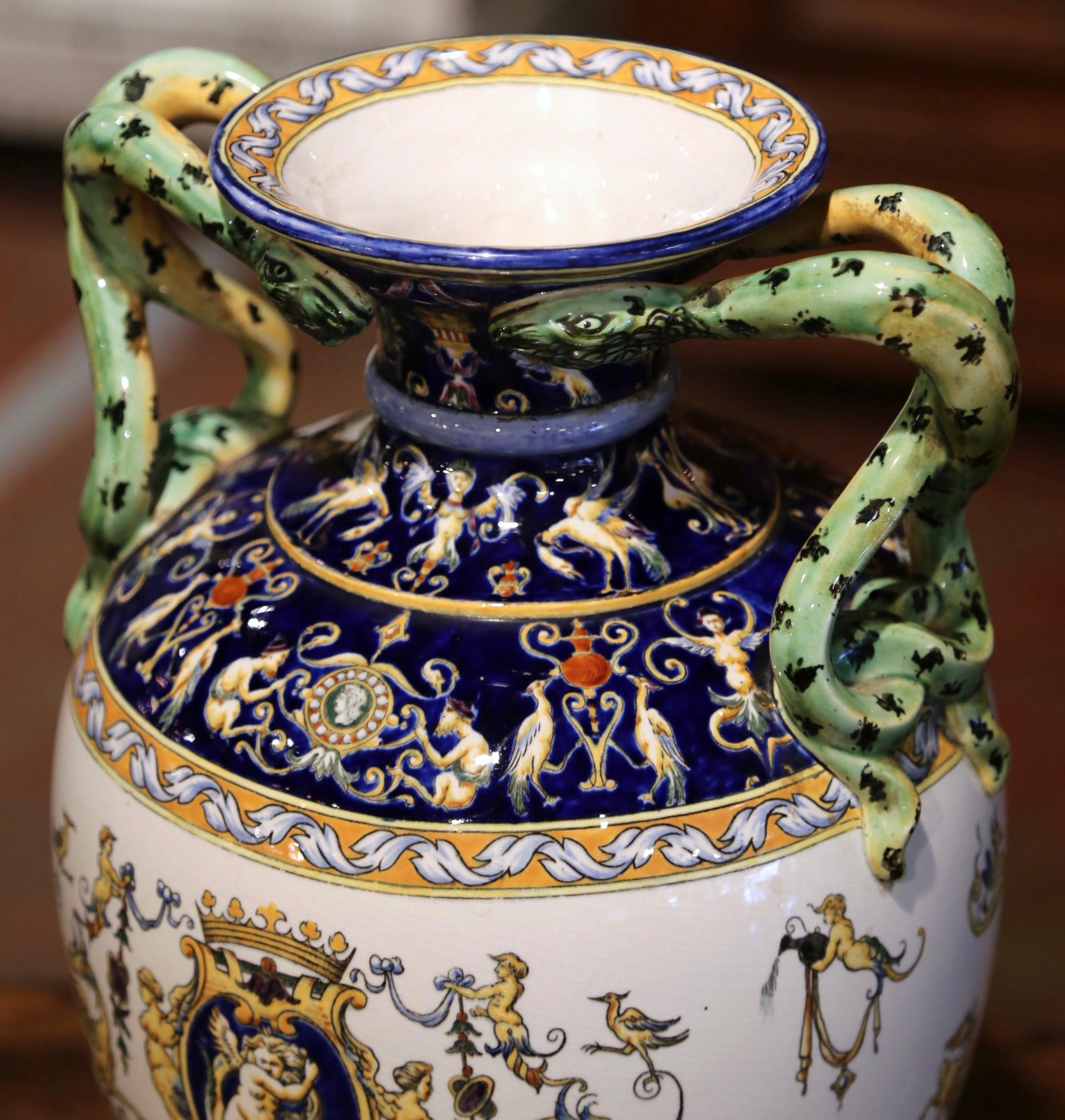 Hand-Painted 19th Century French Hand Painted Porcelain Vase with Snake Handles from Gien For Sale