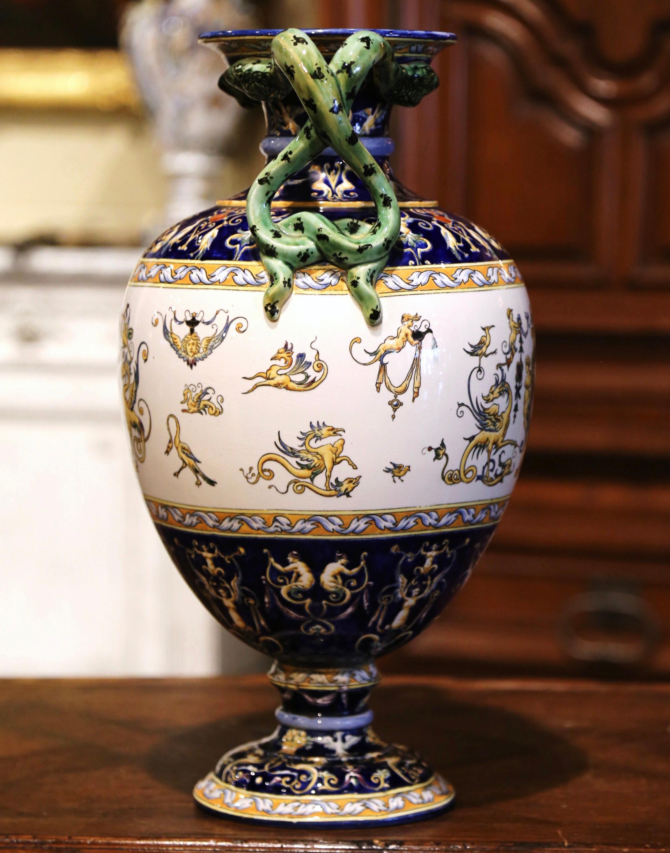 19th Century French Hand Painted Porcelain Vase with Snake Handles from Gien For Sale 1