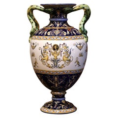 19th Century French Hand Painted Porcelain Vase with Snake Handles from Gien