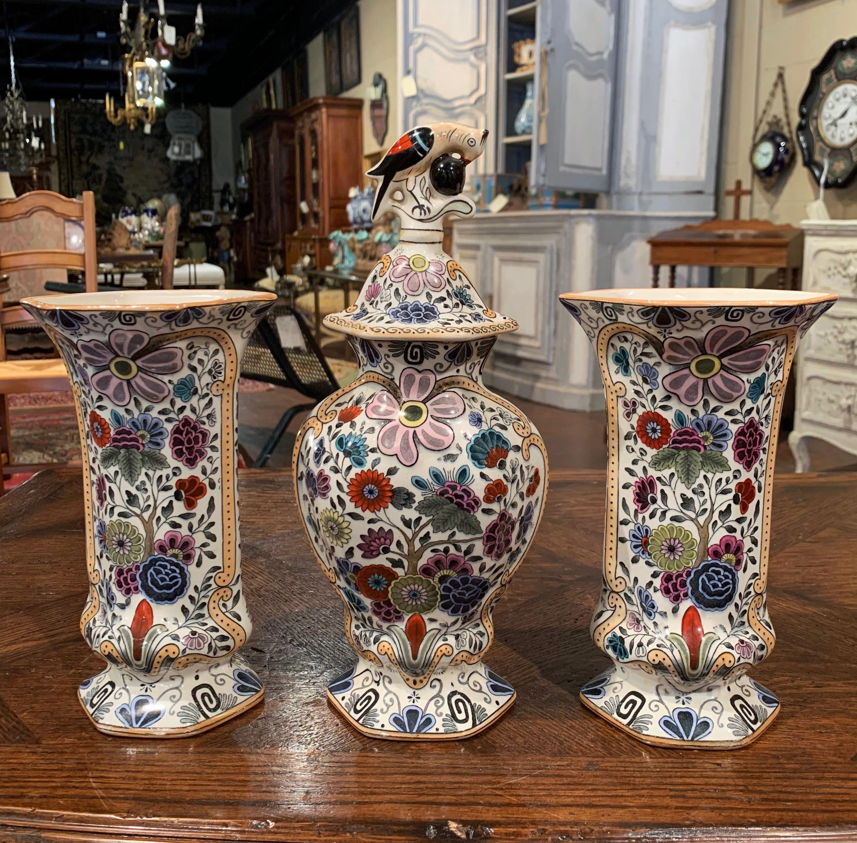19th Century French Hand Painted Porcelain Vases, Set of Three In Excellent Condition In Dallas, TX