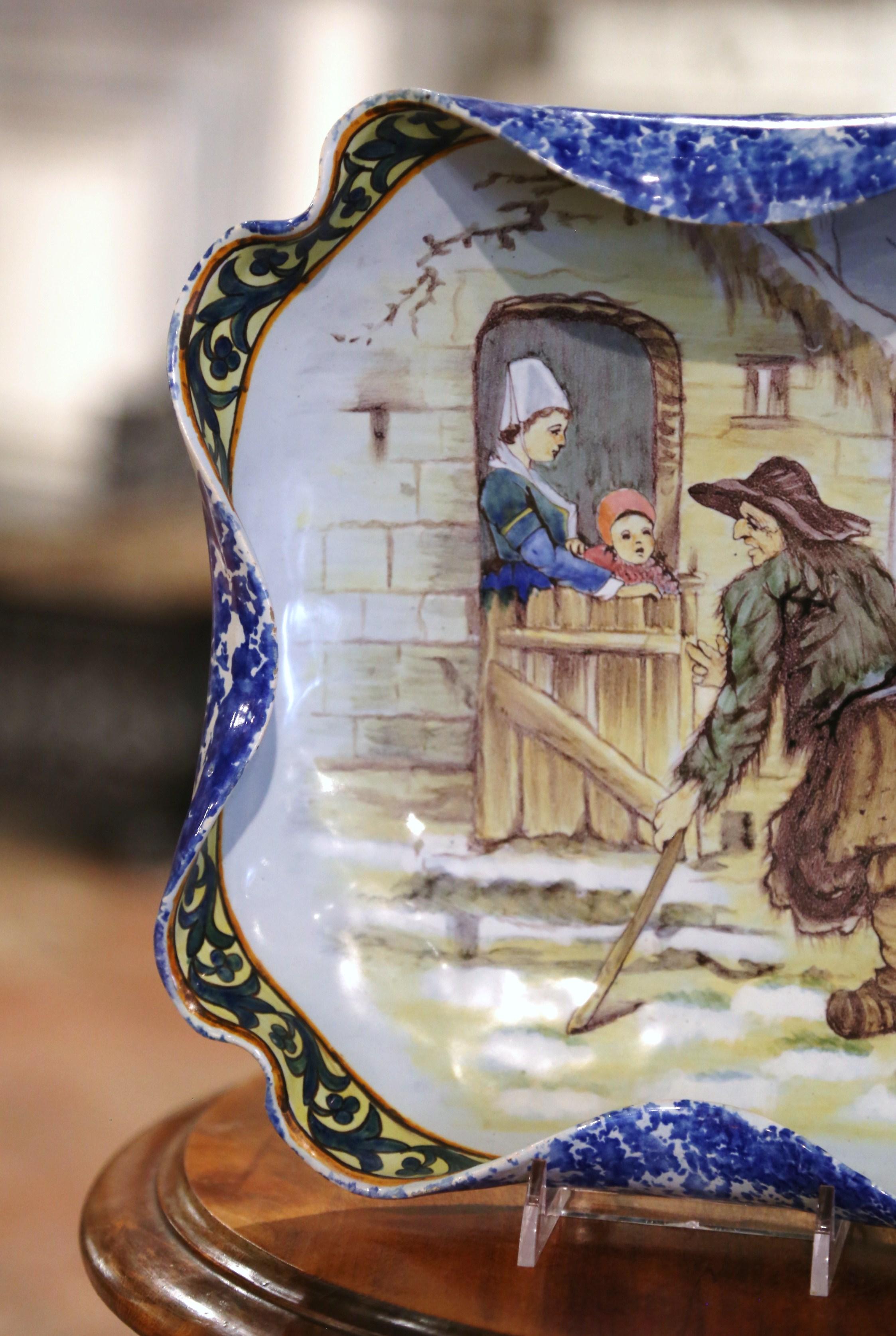 Hand-Painted 19th Century French Hand Painted Porquier Beau Faience Dish from Quimper