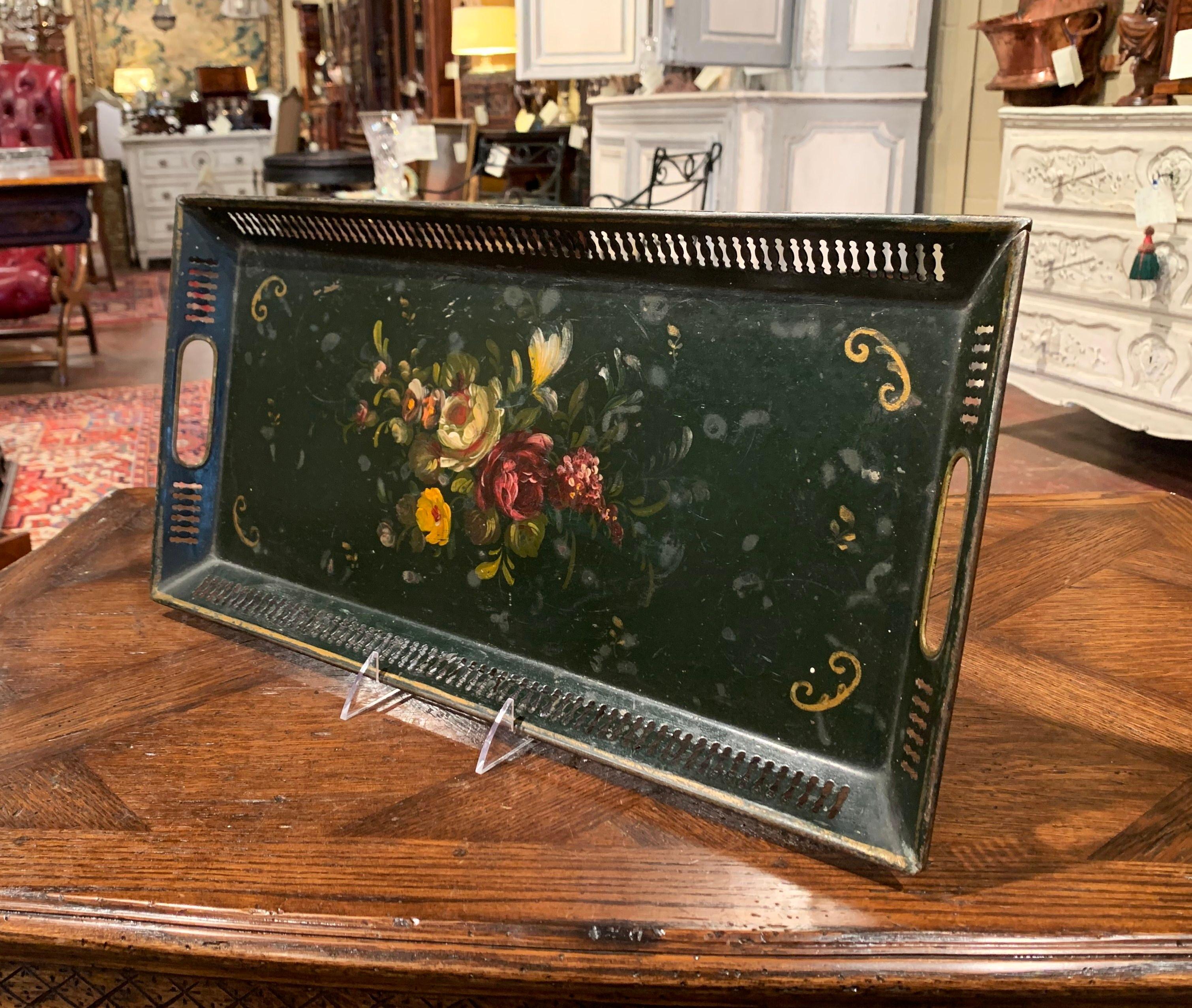 Napoleon III 19th Century French Hand Painted Rectangular Gallery Tole Tray with Floral Decor
